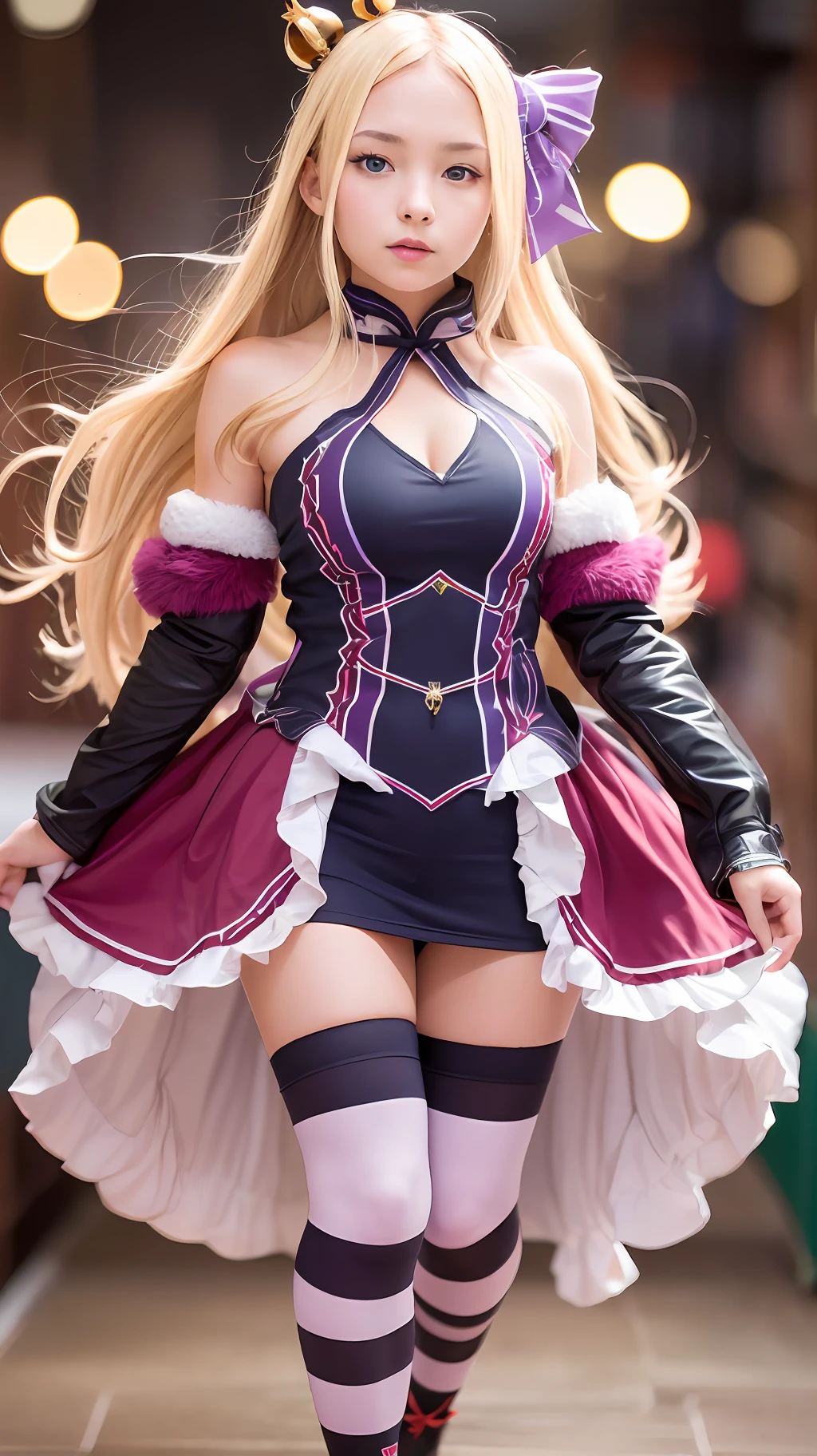 realistic, 1girl, masterpiece, best quality: 1.2), ultra-detailed face, highres, 1girl solo, ((red dress, red crown, blonde hair, blue eyes, library, purple thighhighs, ribbon)), detail face, realistic, perfect hand, bokeh, perfect face, 8k UHD, Beatrice from Re:Zero, looking at viewers, 8k UHD, (masterpiece,best quality: 1.2), ultra-detailed face, highres, 1girl solo, ((female adult)), detail face, realistic, perfect hand, bokeh, perfect face, 8k UHD, (full body:1.5), photorealistic, ultrarealistic, absurdres, incredibly absurdres, Canon EOS R6, 85mm, 1/200s, f/5.6, ISO 1600, nice hands, perfect hands, perfect eyes, bokeh