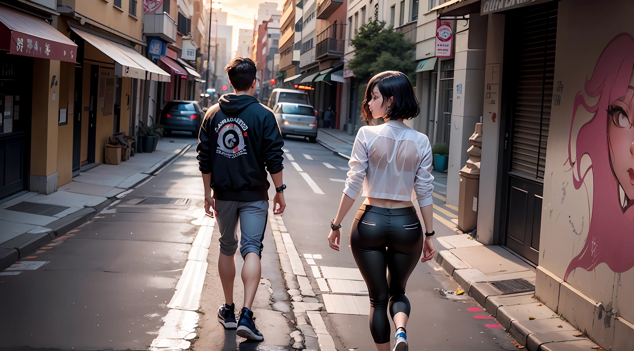 (best qualityer),(Extremely detailed picture),(8k wallpaper),(Movie lighting),(Chasing the light),(Side photo of the sunset),1sexy girl(short detailed hair,Black color hair:1.3),Extremely delicate portrayal of facial features,The skin is soaked with sweat,shorter pants,Muscle lines are pronounced,(the city street),废墟,(There is a large area of colorful graffiti on the wall:2.0),(There is a large area of colorful graffiti on the left wall:2.0),(Full body appearance:1.5),(tmasterpiece)