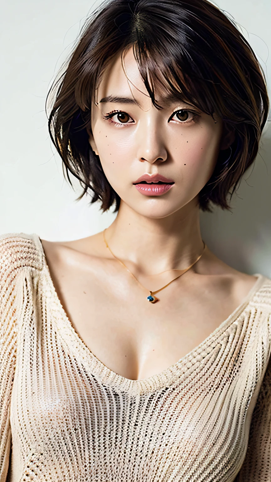 (Best quality, 8k, 32k, Masterpiece, UHD:1.2),Photo of Pretty Japanese woman, large breasts, very short bob hair,upper body,face focus,oversized_sweater, necklace, simple background, from above, looking at viewer,
