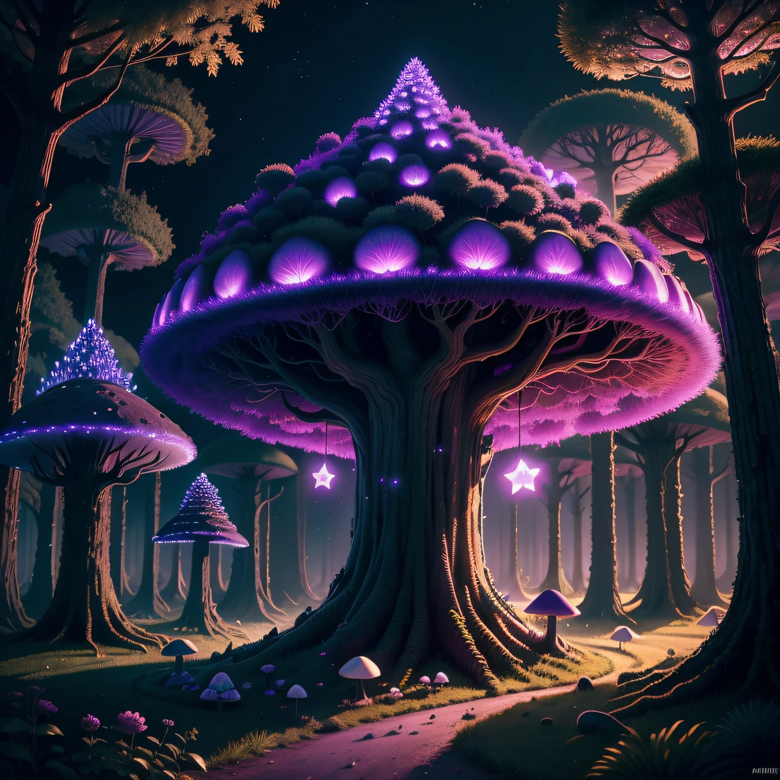 Anthills in the shape of purple mushrooms in magical environments,dark gloomy forest,Fluorescence on a tree,star night,4K realistic imagination --auto