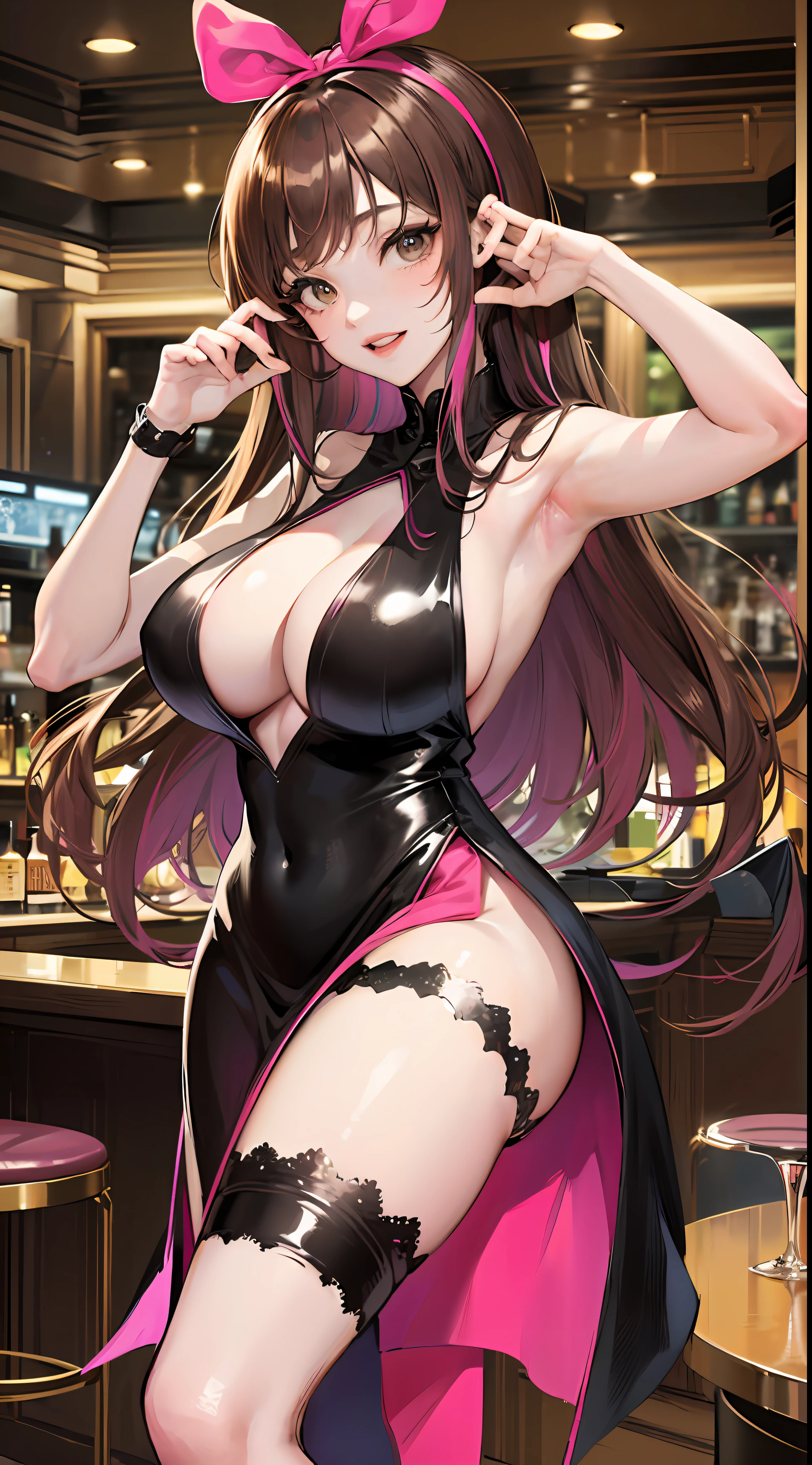 (Best quality, 8k, 32k, Masterpiece, UHD:1.2), kizuna ai, huge breasts,long hair, brown hair, multicolored hair, hair tied, pink hairband, pink highlights, streaked hair, smiling, party dress, no bra, backless dress, cleavage, hand bag, high heels, sleeveless dress, bar, night club , bare thighs, thick thighs, black dress, champagne glass, large dragon tattoo on thigh