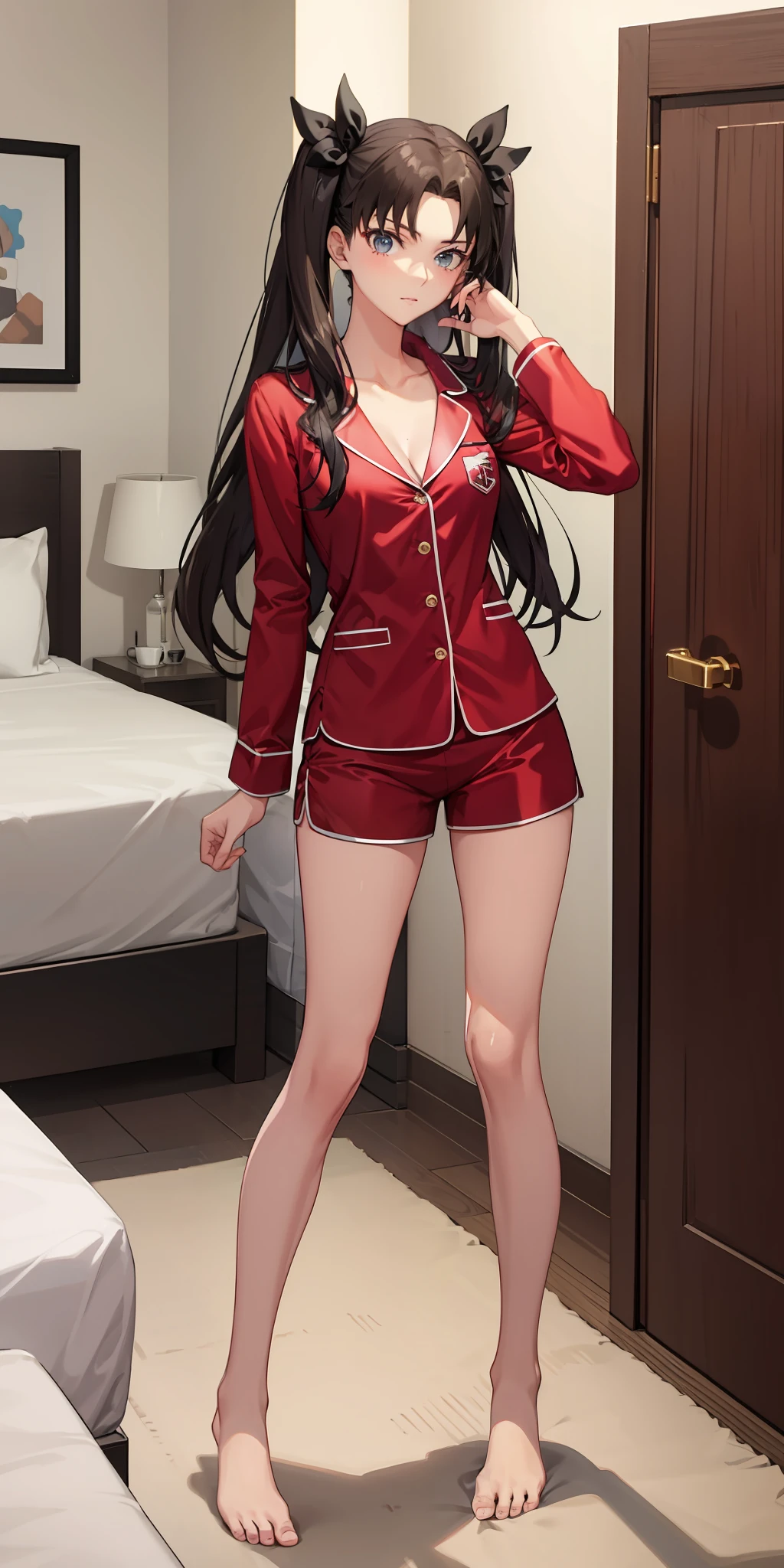 long hair, black hair, medium breast, slim legs, nervous,  pajamas, cleavage, bedroom, shorts, rin tohsaka, twin tail