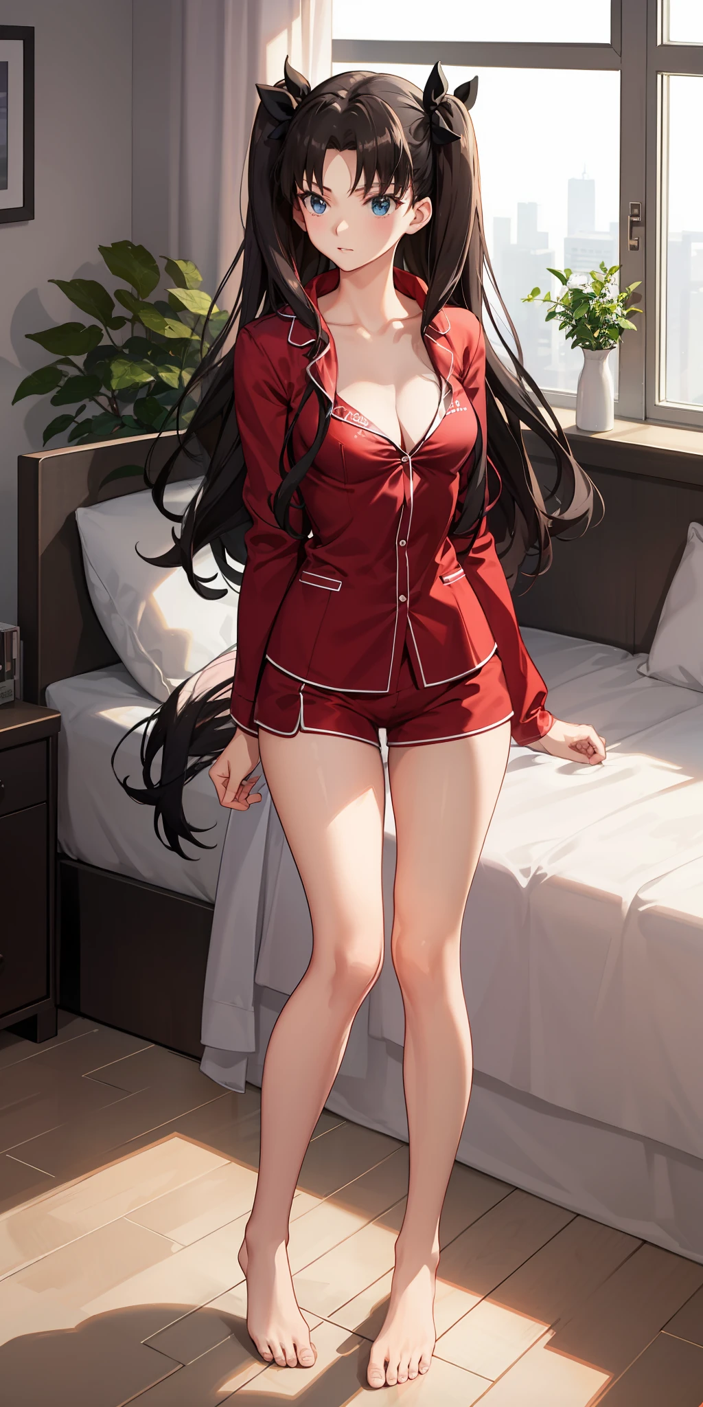 long hair, black hair, medium breast, slim legs, nervous,  pajamas, cleavage, bedroom, shorts, rin tohsaka, twin tail