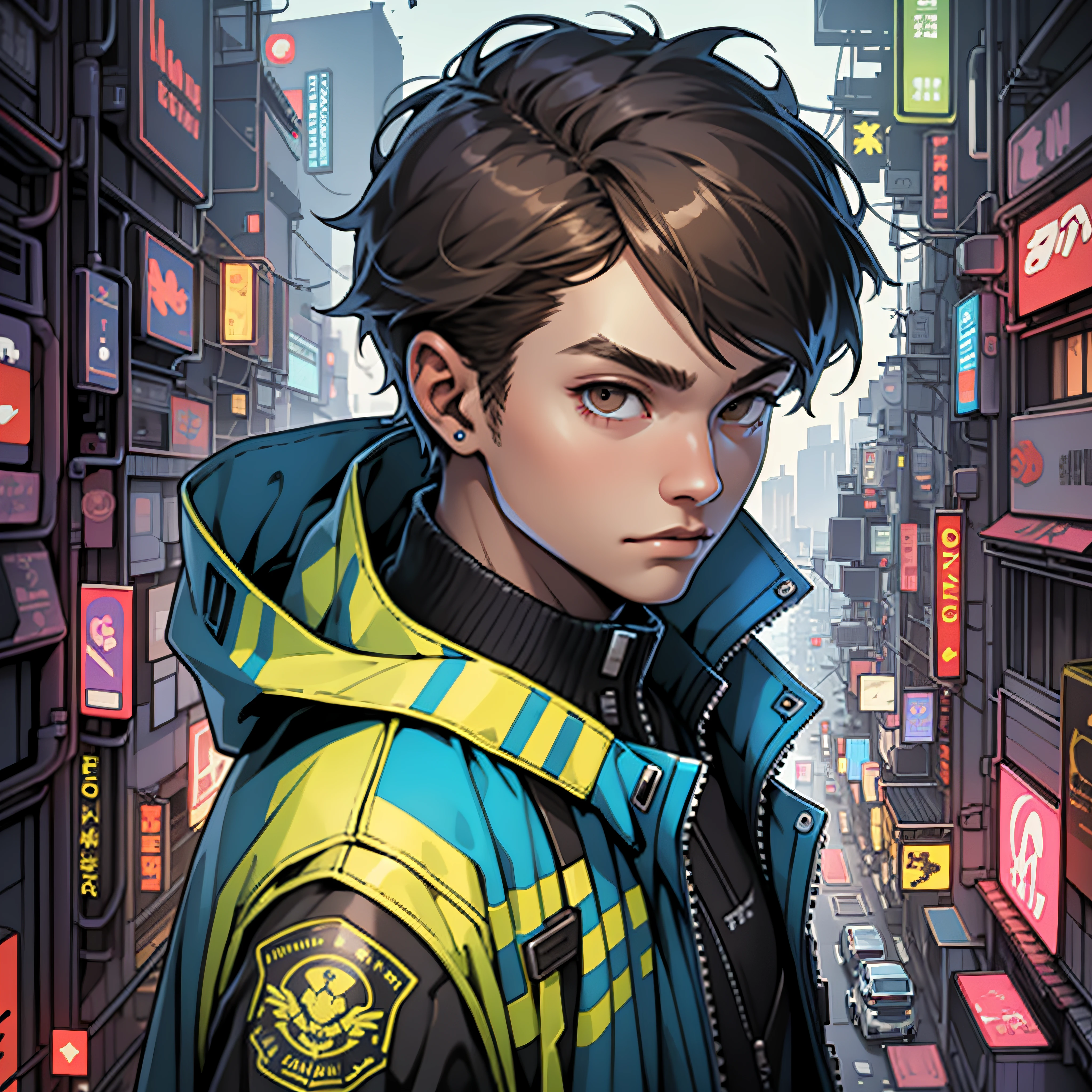 masterpiece, high quality, 1boy, solo, male focus, brown eyes, blacklight, from above, cyberpunk, blue jacket.