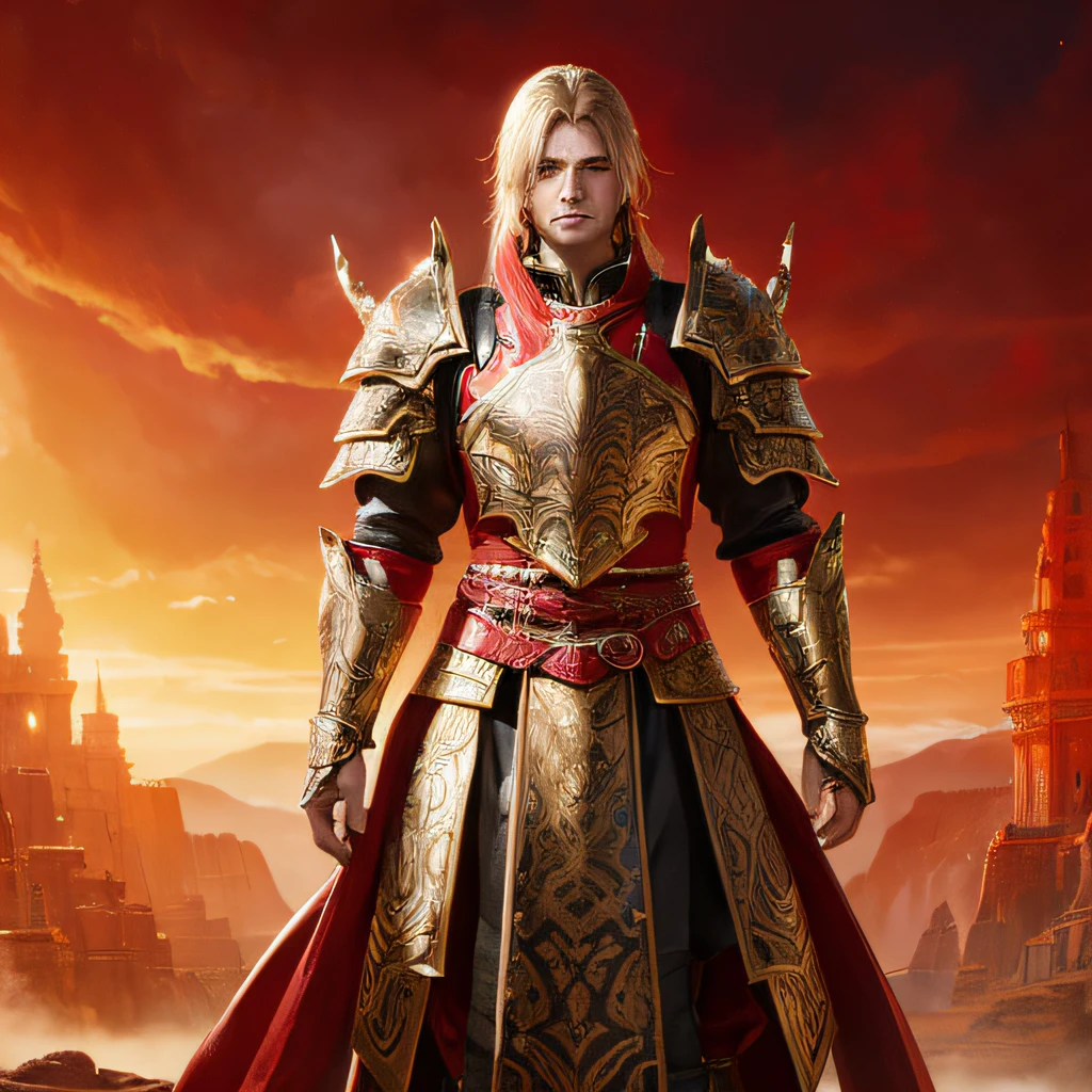 Antique armor,Golden armor,Red cloth,Fine gold patterns on clothes,Detailed fantasy armor art,Epic and exquisite armor art,Beautiful fantasy armor,Red samurai suit,2.5d CGI anime fantasy artwork,stunning character art,Art fantastique 4k,highly detailed fantasy art,detailed fantasy digital art,Fantasy art style --auto