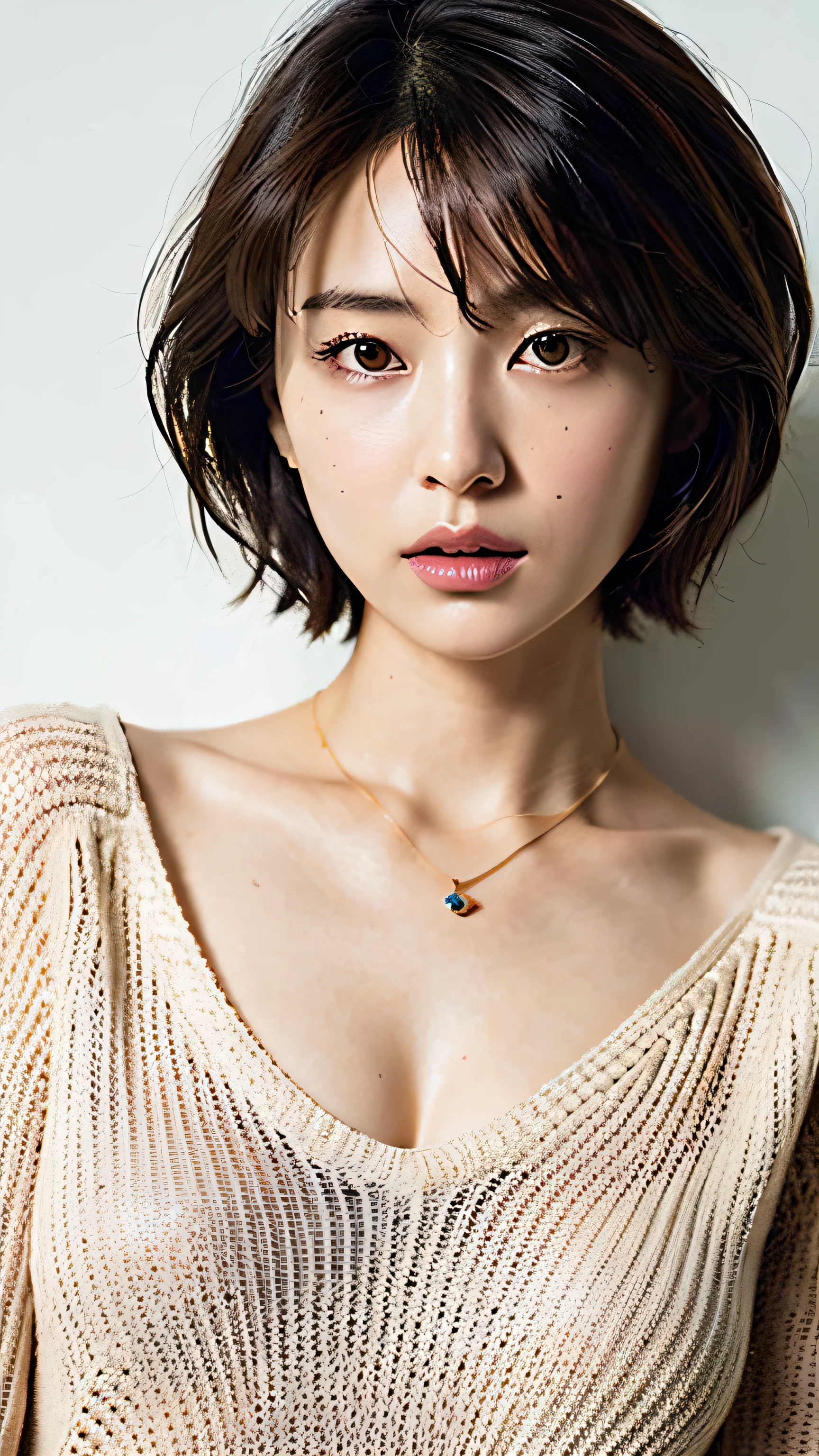 (Best quality, 8k, 32k, Masterpiece, UHD:1.2),Photo of Pretty Japanese woman, large breasts, very short bob hair,upper body,face focus,oversized_sweater, necklace, simple background, from above, looking at viewer,