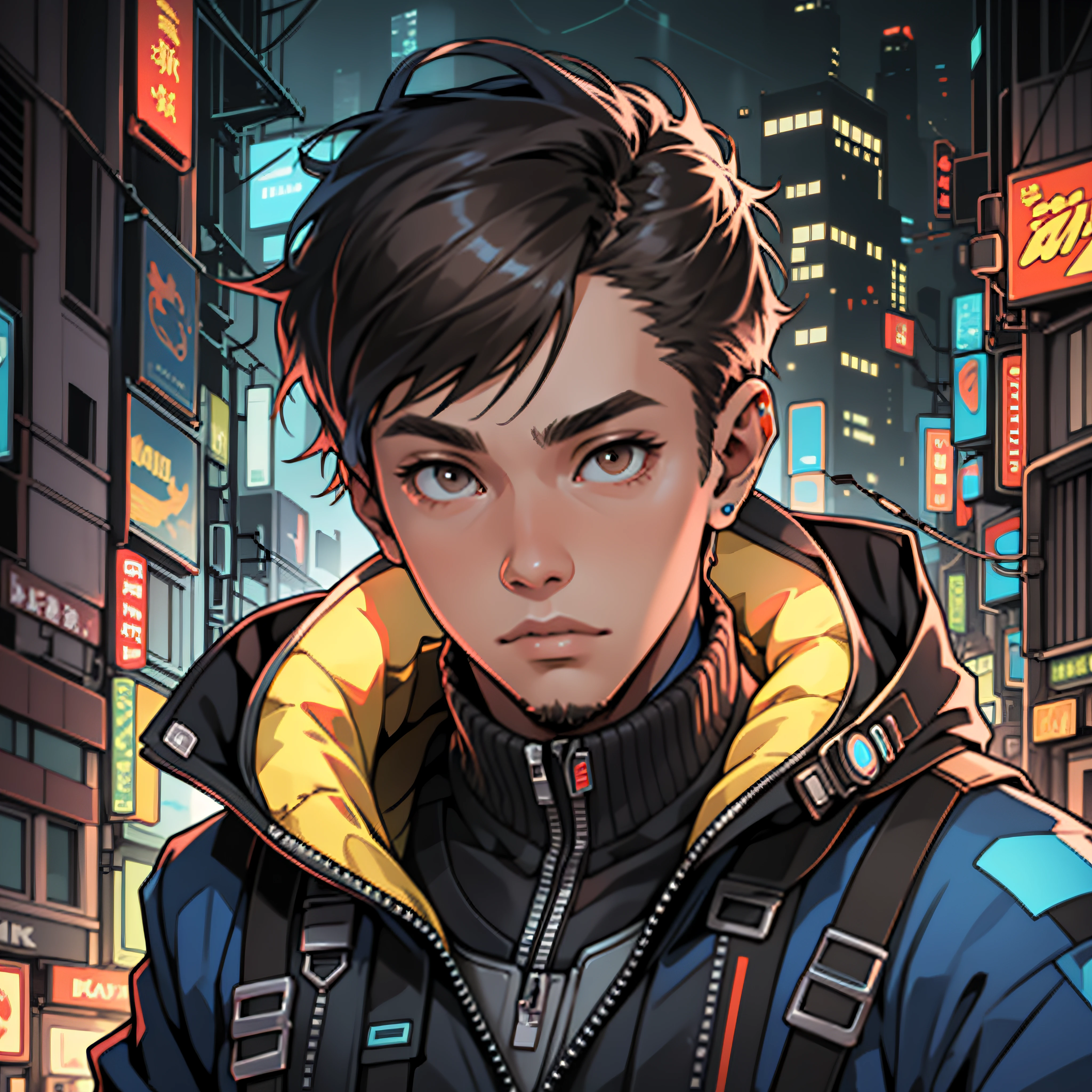 masterpiece, high quality, 1boy, solo, male focus, brown eyes, blacklight, from above, cyberpunk, blue jacket.