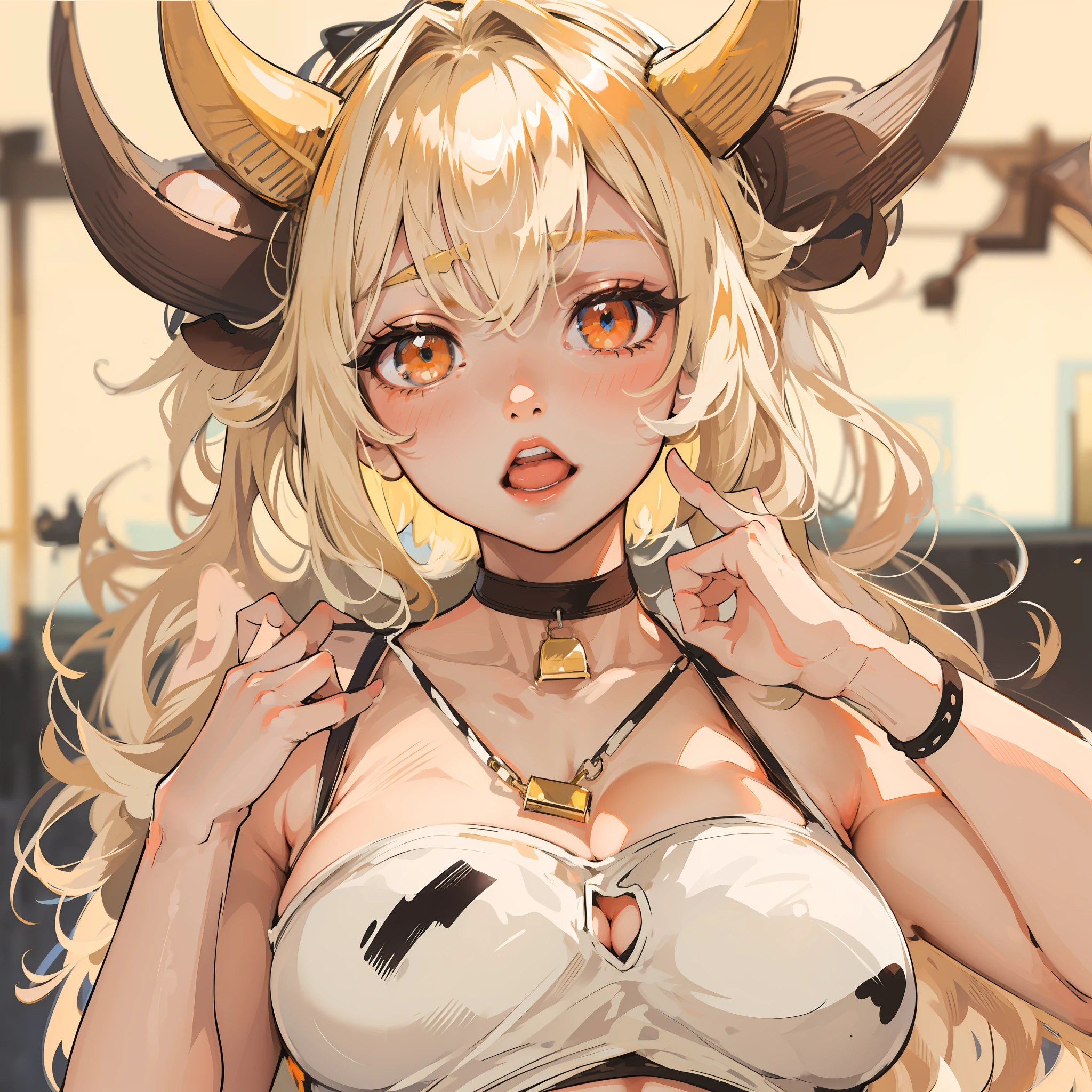 anime girl wearing cow horns, blonde hair, amber eyes, cow bikini, cowbell choker,
