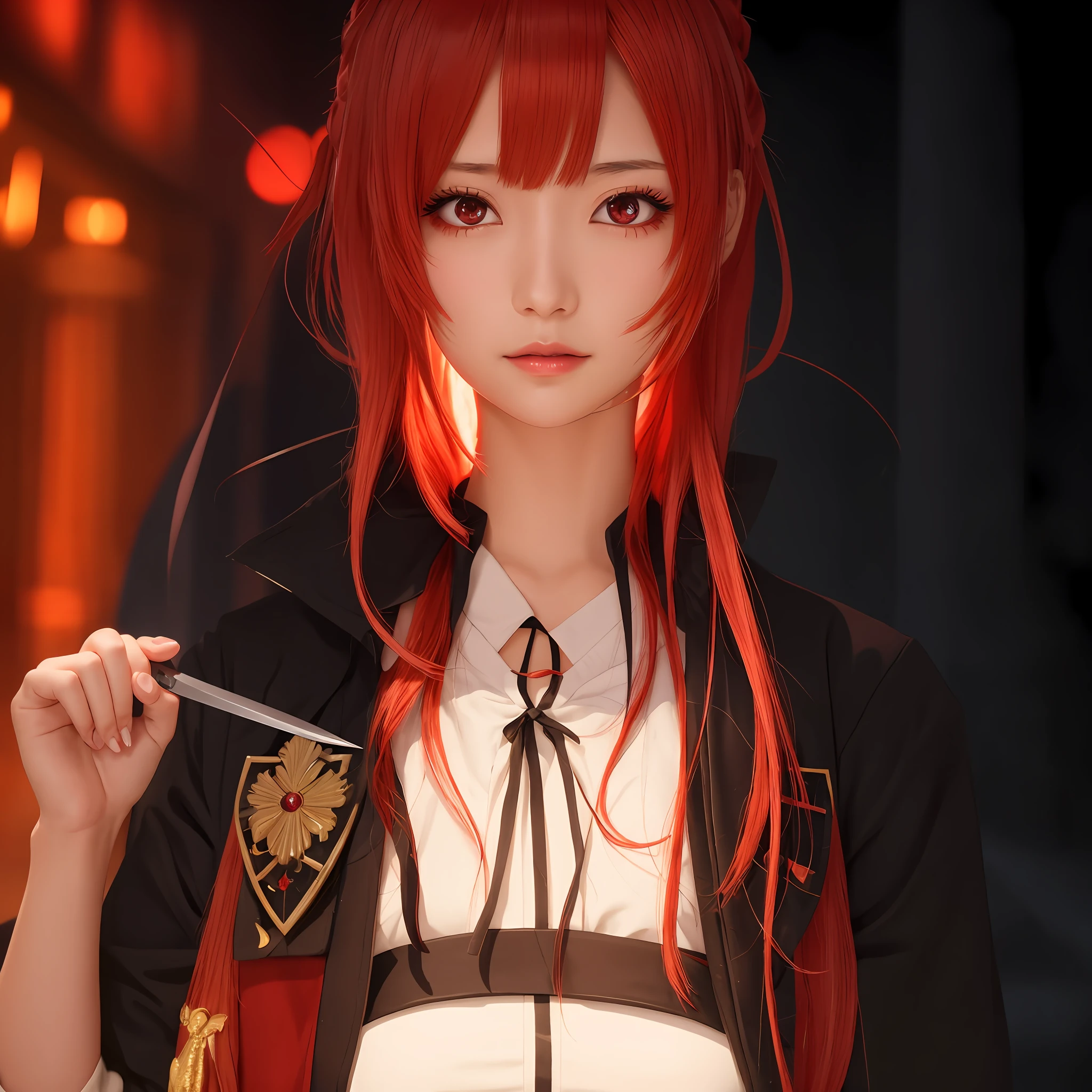 Anime girl with red hair and white shirt holding knife, from the azur lane videogame, Ayaka Genshin Impact, shalltear bloodfallen, ayaka game genshin impact, visual novel cg, gapmoe yandere grimdark, shalltear from overlord, 、top-quality、8K,Calibration details、 Fate Grand Order, glowing crimson head、Bewitching woman、Adult woman with appeal、Eyes are red、Female sexy、large full breasts、huge tit、