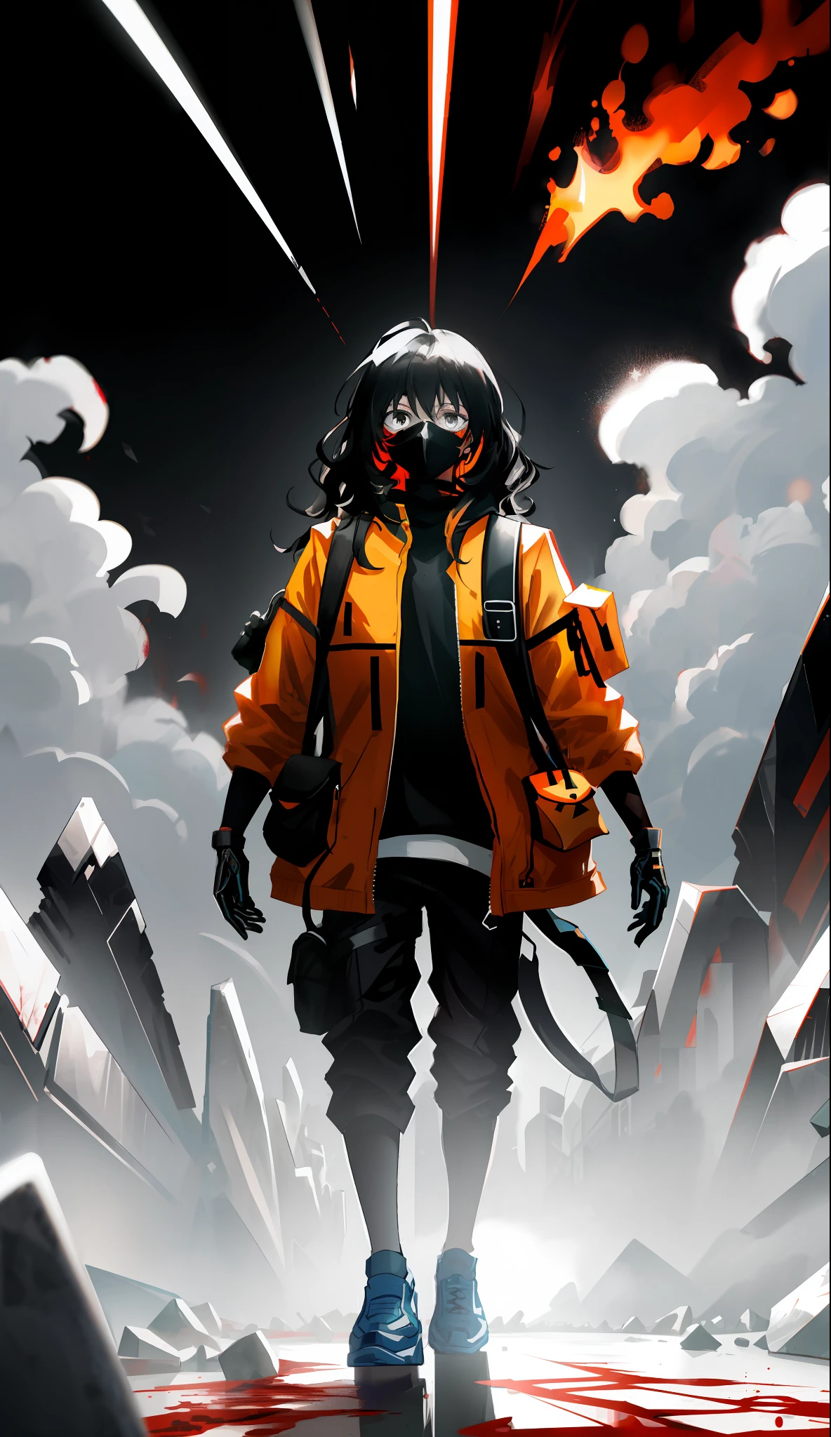 masterpiece, aesthetic, top quality, best quality, big anime eyes, simple lines, male, teen man, young man, man of 16, extreme detailed, colorful,highest detailed, black hair, long hair, wavy hair, black eyes, destroyed city, backpack, wind, protective clothing, zombie apocalypse, full body, tech wear, muscular, military gloves, black mask on face, fixed eyes, black clothing, explosion in background, different colours, blood