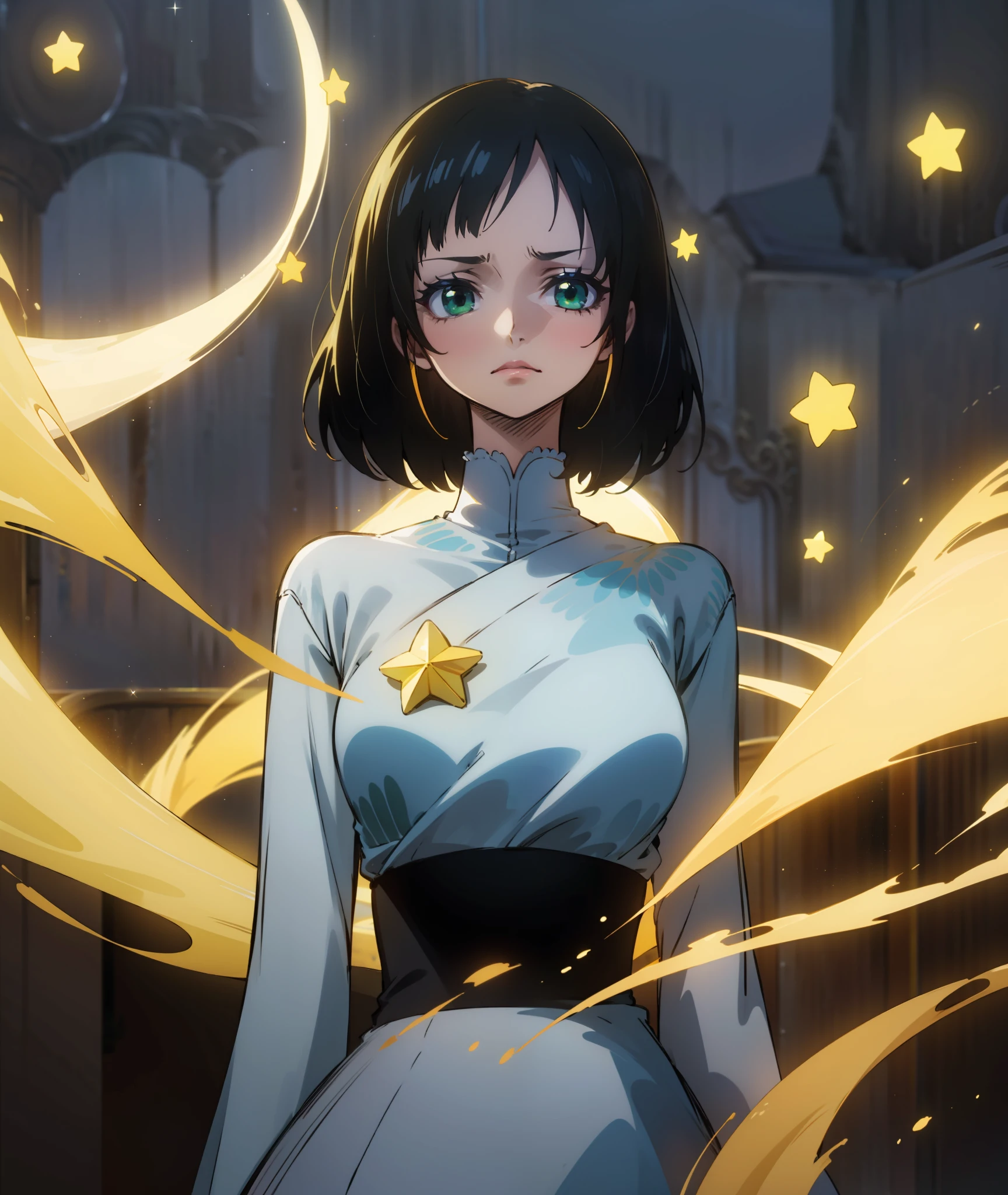 1girl, black hair, green eyes, grey dress, long sleeve, shy, stars, star, night, moon, calm, shy, meek, face