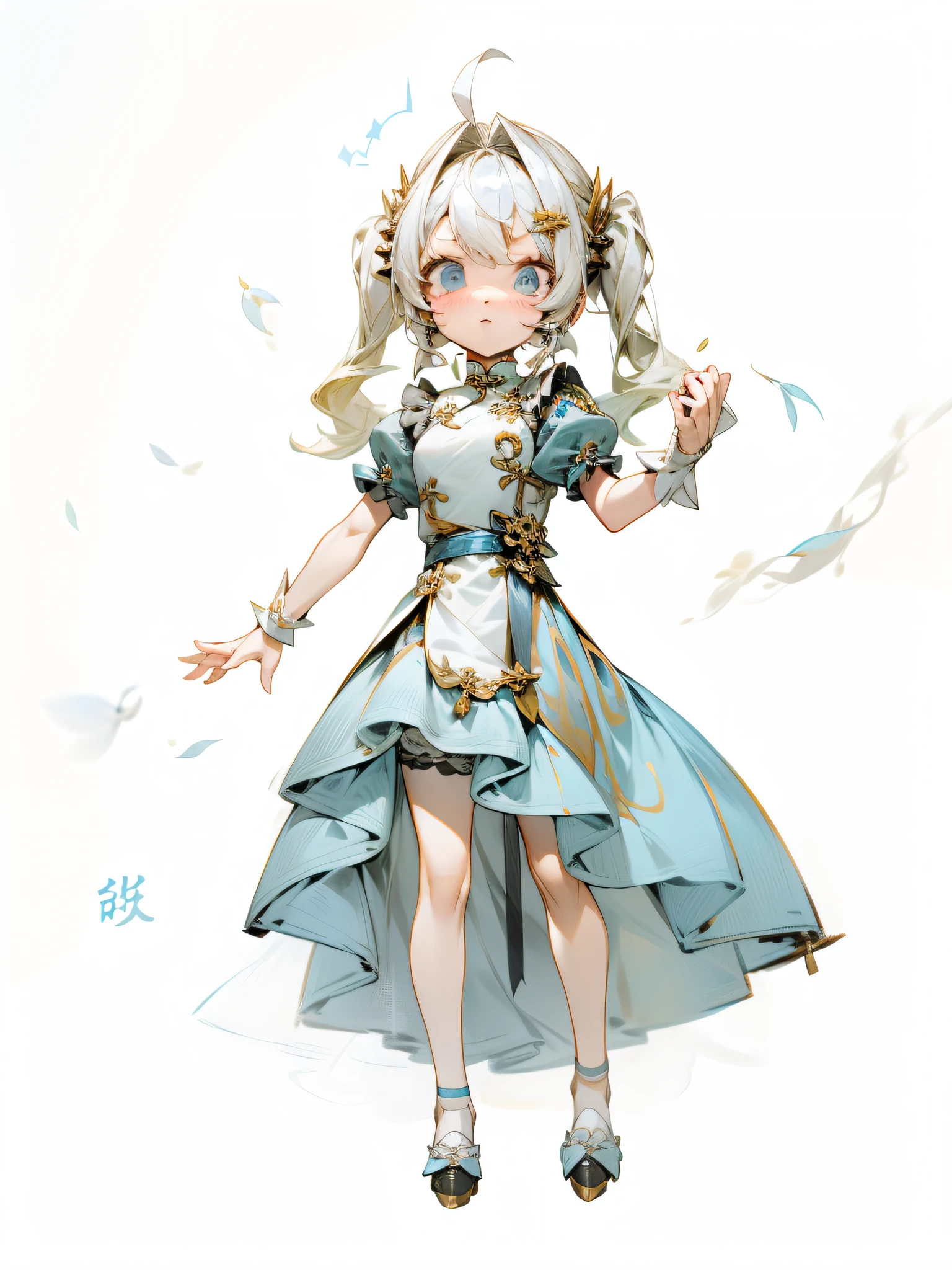 Ahoge blonde twin tails and metal hair ornament、White Sleeveless Cheongsam、White short-sleeved puff sleeves、White ruffled cuffs and metal bracelet、Light Blue Asymmetrical Fishtail Dress、white panniers、Metal choker、Metal Garter Rings、Metal pump