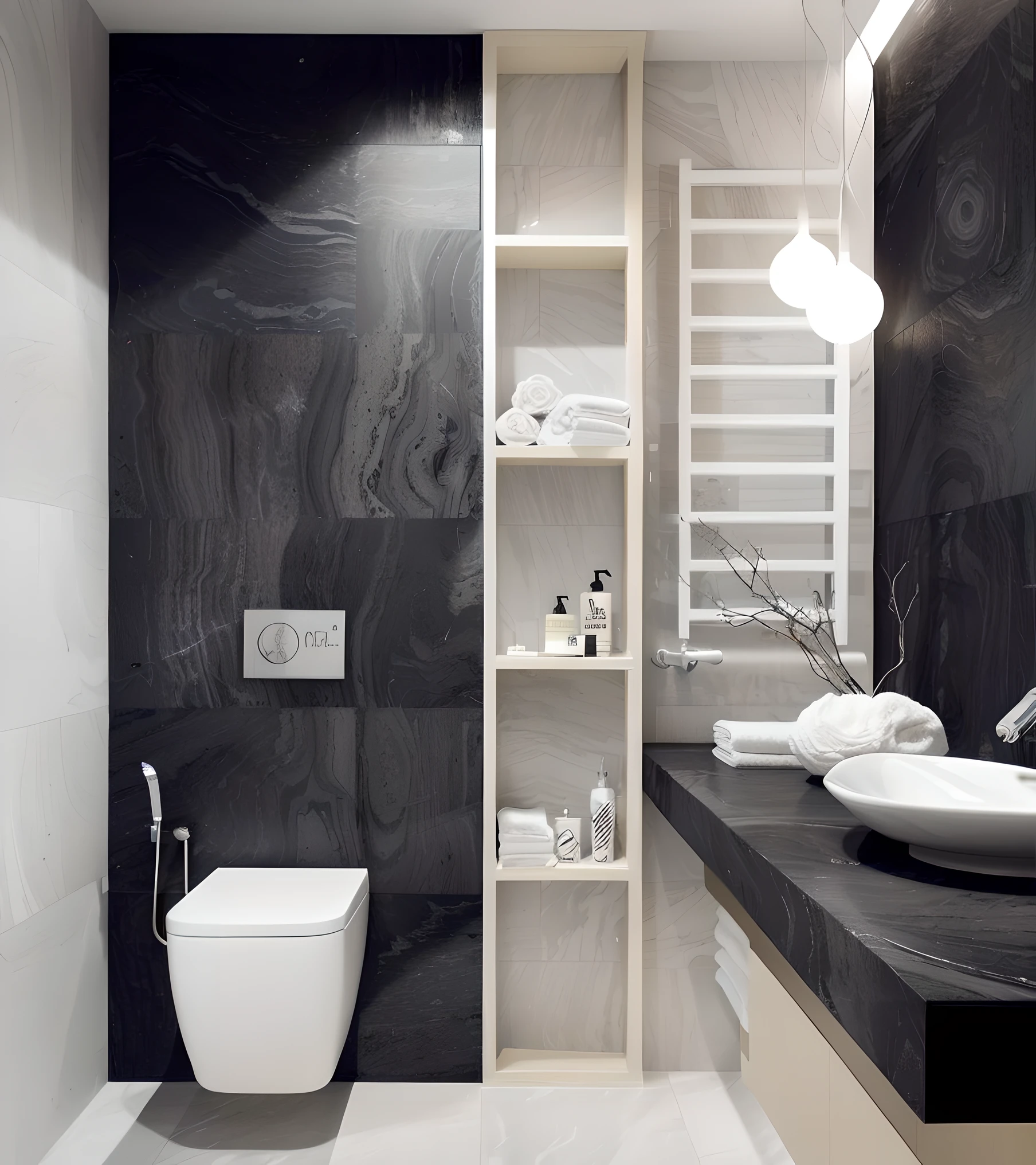 Araffed bathroom with toilet, sink, and shelves with towels, black and white scheme, Black color scheme, modern bathroom, Modern design, Modern look, black marble, Maximalism, Moody atmosphere, black & White, Charcoal and silver color scheme, Ashford black marble, Modern style, Modern minimalist, dark and modern, Black and white color scheme