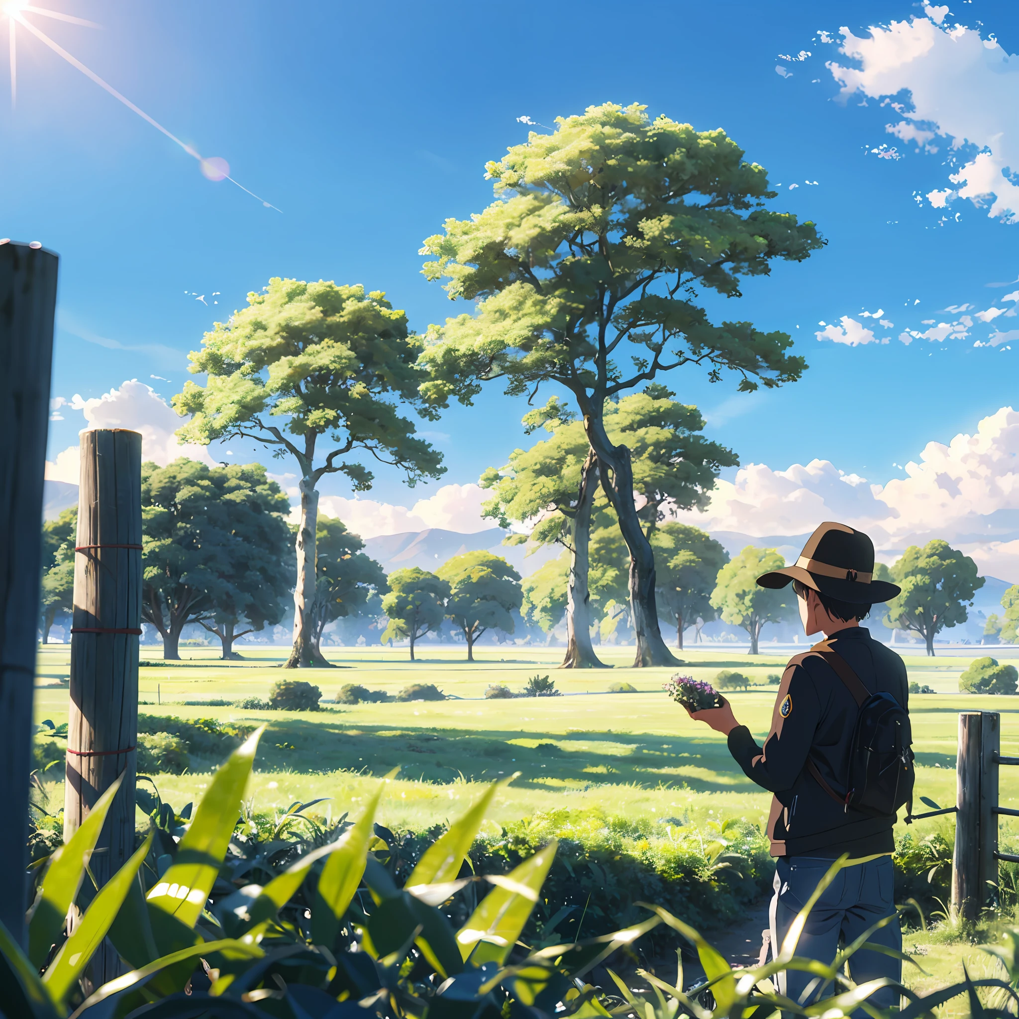 Um velho bem sucedido segurando uma semente de bambu, parado no caminho sinuoso do campo de bambu, grandes nuvens, Blue sky with sun, floresta, encosta, isolado, campo, detalhe HD, hiper-detalhe, cinemactic, surrealismo, luz suave, focus on the seed in his hand bokeh, ray tracing e surrealismo. --auto --v6