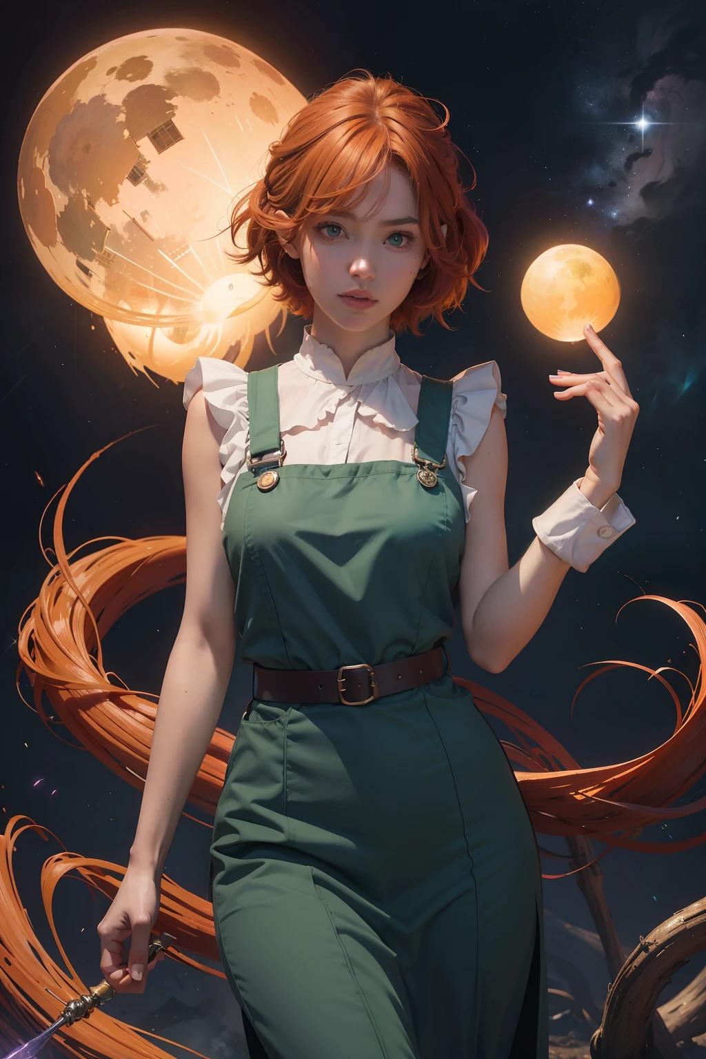 concept art, overhead angle of a Will-o'-the-wisp, wearing Funny Somali Emerald deep orange Pinafore, Caramel hair styled as Short hair, fluorescent purple Hair tie, equirectangular 360, Highres,  [(art by Willi Baumeister:1.1), (art by John T. Biggers:1.2)::17], official art, unity 8k wallpaper, ultra detailed, aesthetic, masterpiece, best quality, photorealistic