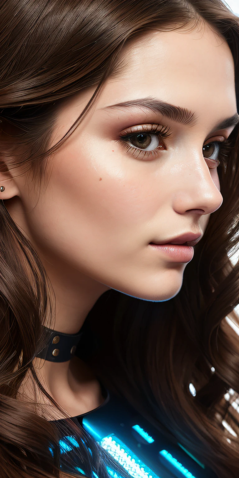 Photo of a 25-year-old European girl posing like in the Mona Lisa photo、raw、Beautuful Women、(Extra long wavy brown hair)、((portlate))、((A detailed face:1.2))、((detailed facial features))、(Fine skin)、pale-skinned、(Highly Detailed Deep  Cyberpunk Steel Dress)、Cyberpunk Megacity Environment、(cold color)、moist、moist、Reflectors、(​masterpiece)(perfectly proportions)(photos realistic)(top-quality)(detaileds)photographed in a Canon EOS R5、 50mm Lens、F / 2.8、nffsw、(8K)(wall-paper)(电影灯光)(Dramatic Lighting)(foco nítido)(Convoluted)、((facial close-up))、