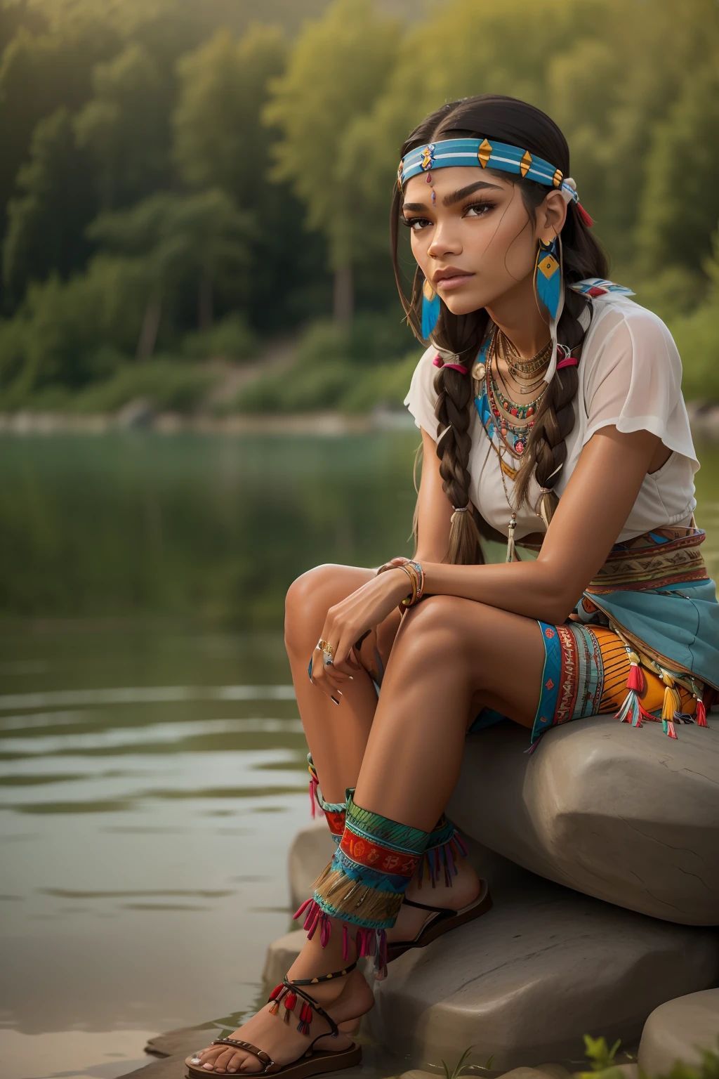 ((Zendaya is a native American woman)), ((who wears the typical clothes of a squaw)), ((sitting on a stone at a lake)), ((schlanke frau)), (kleiner Kopf), ((natural skin texture)), ((she has small round breasts)), ((Ausdrucksstarkes detailliertes Gesicht)), (fotorealistisch), (Raytracing), (scharfer Fokus), ((sie guckt verliebt))