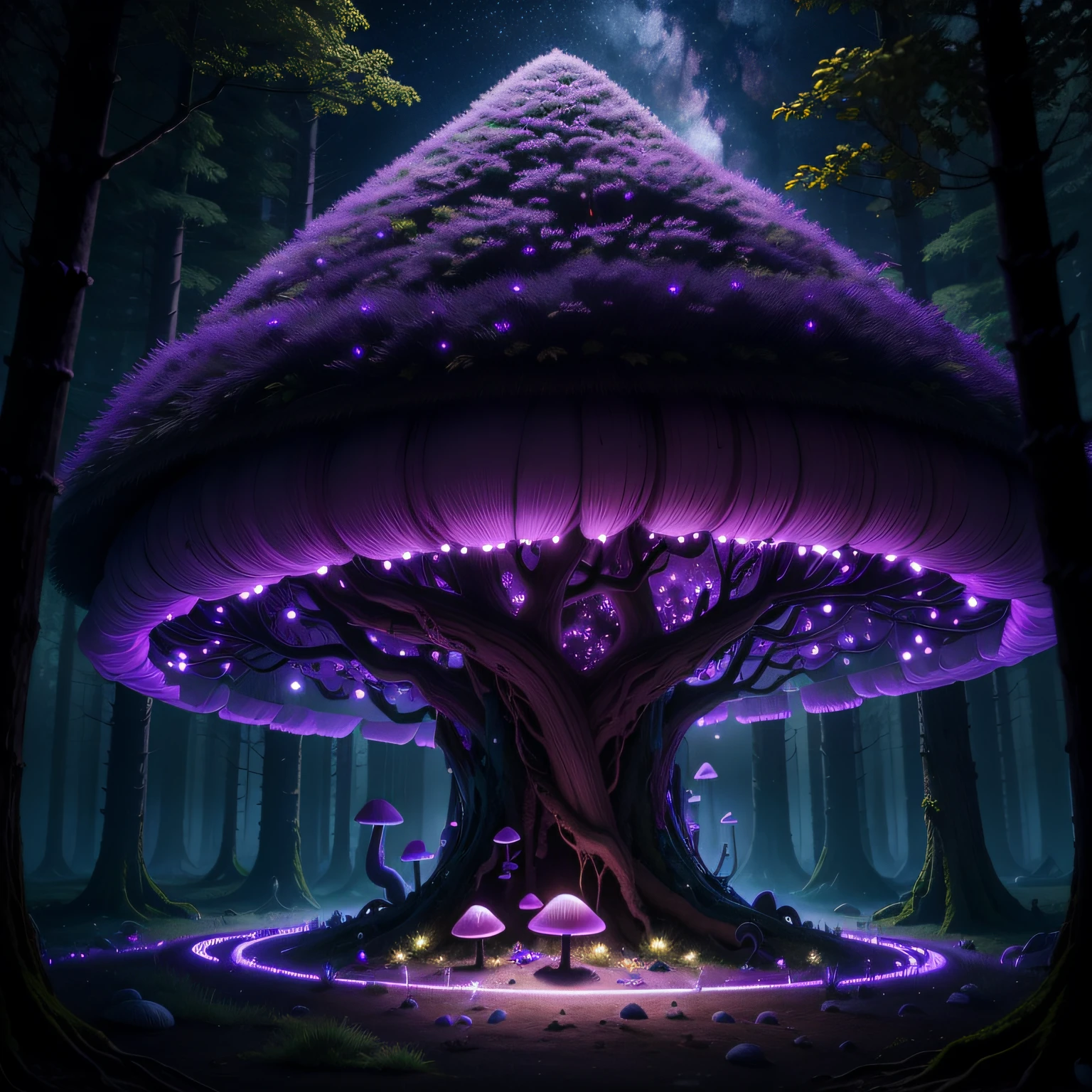 mtu,musculature,Anthills in the shape of purple mushrooms in magical environments,dark gloomy forest,Fluorescence on a tree,star night,4K realistic imagination --auto