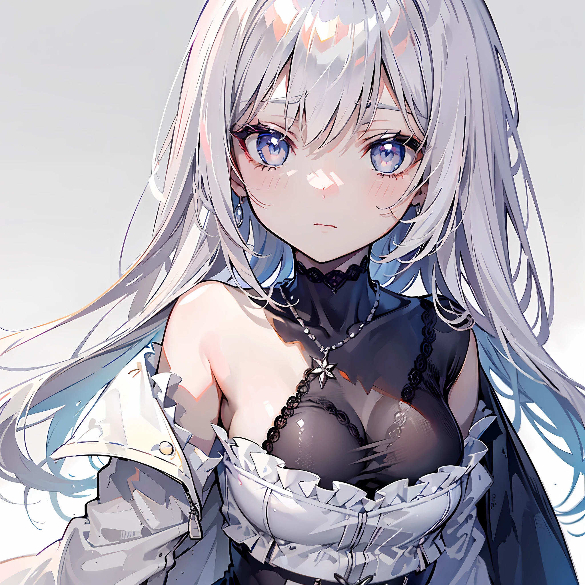 Cute adult girl standing ,girl focus, [Full body close-up], ((Plain gray background)),  pokerface, upright immovable, (1girl in:1.3), Bangs,a necklace ,facing front,  （white 鎧 ), Super Detail, Crystal silver Eyes,slender, masterful technique, Long hair, animetic, Solo, Silk White hair, High quality, MastetPiece,ultra-detailliert,[wide-hips] , Beautiful Girl, [Detail Face], detail hands, ultra detail eyes,nothing face emotion, Beautiful eyes