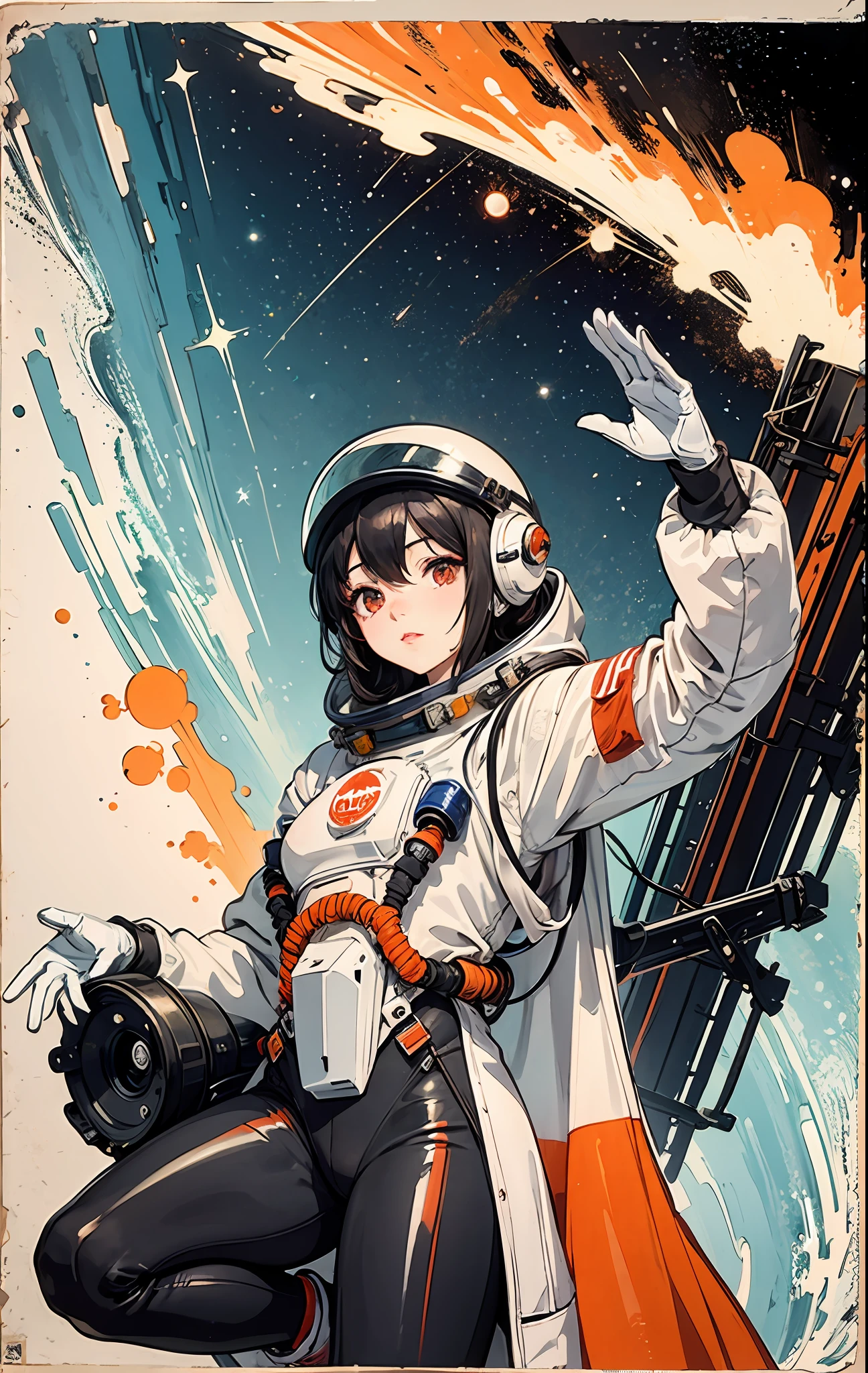 1girl,flat_breasts,cute,beautiful detailed eyes,shiny hair,visible through hair,hairs between eyes, CCCPposter, sovietposter,red monochrome,soviet poster, soviet,communism,
Black_hair,red_eyes,vampire,teenage,poorbreast,Spacesuit:Orange_clothing_body:jumpsuit),white_gloves, white_space shoes, white_helmet, the CCCP red letters on the top of helmet, weightlessness, Side light, reflection, The person in the spacesuit is at the bottom left of the frame, The right hand is outstretched, the right hand gently touches the Salyut space station), Space station in the upper right corner of the screen, Reflected light from the sun, Silver metal,red flag, brilliance,USSR style, diffuse reflection, Metallic texture, The vista is a blue Earth,mecha style,the sea of star,high tone, magnificent