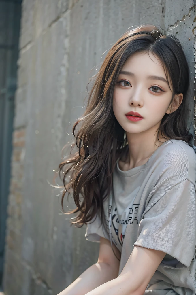Top image quality、Raw photography、超A high resolution、18 year old cool Korean、Shooting for one person only、big round chest、room wear、Shiny hair、Beautiful Eyes of Details、very elongated eyes、Beautiful eyelashes、Beautiful double eyelids、eyeshadows、耳Nipple Ring、chest above close-up、Wall on grey background