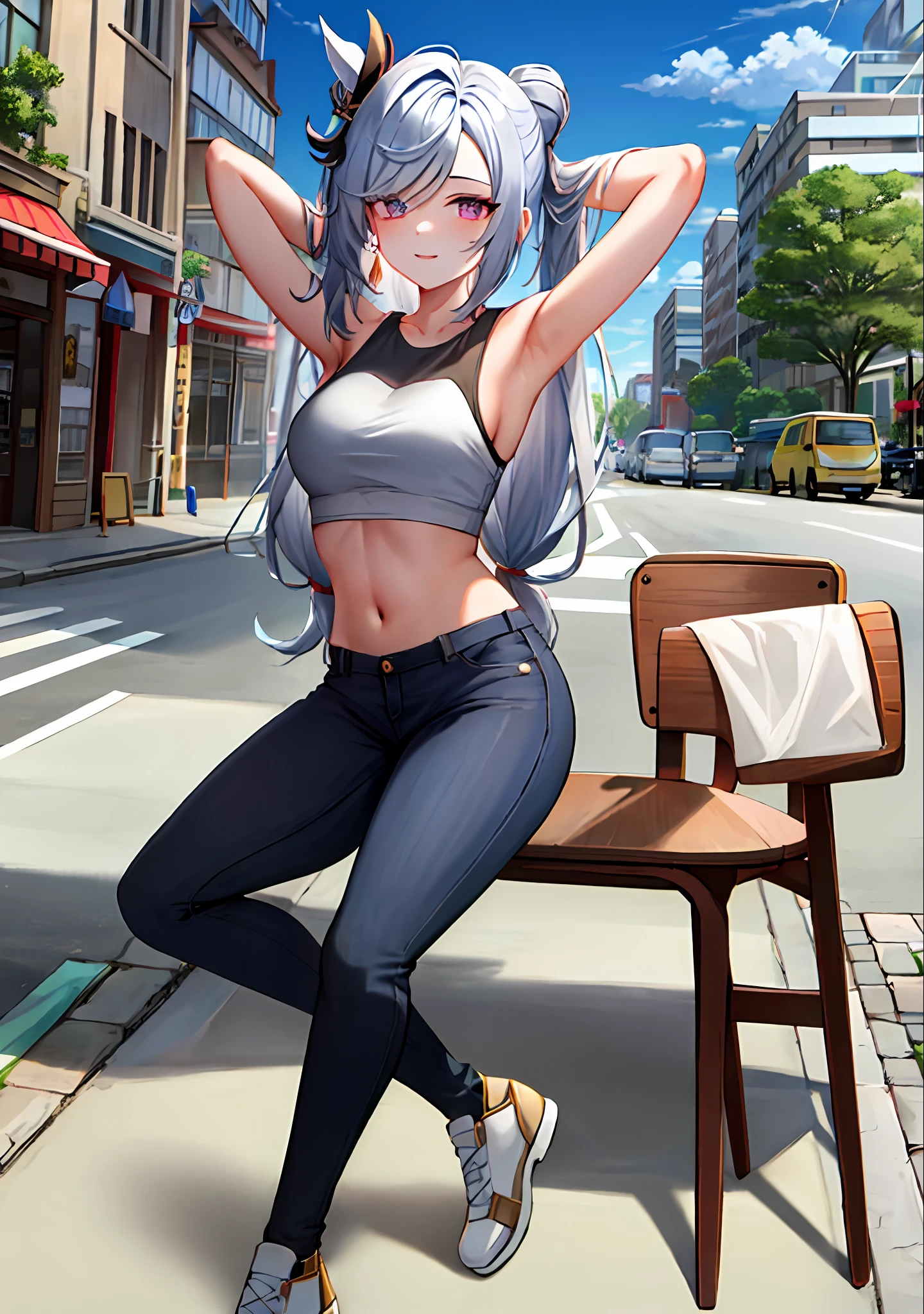 (masterpiece, best quality, ultra-detailed), keqing \(genshin impact\), (silver hair), cone hair bun, twin tails, long hair, swept bangs, braid, braided bangs, purple eyes, pink eyes,
(wearing a t-shirt:1.2), sitting on a chair outside of caf, embracing the natural beauty, sunlight, beautiful cloudy sky, city, street, denim shorts, black stocking,
medium breasts, thick thighs, critical angle, cowboy shot, arm behind head, arm behind back, armpits, light smile, crop top, strong and seductive expressions,,
