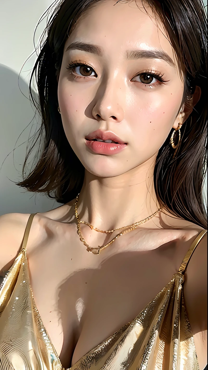Beautiful woman wearing round gold necklace with charm、((top-quality、8K、masterpiece:1.3))、Crisp focus:1.2、Beautiful Women in Perfect Style:1.4、A slender、doress、Korea person、bob、