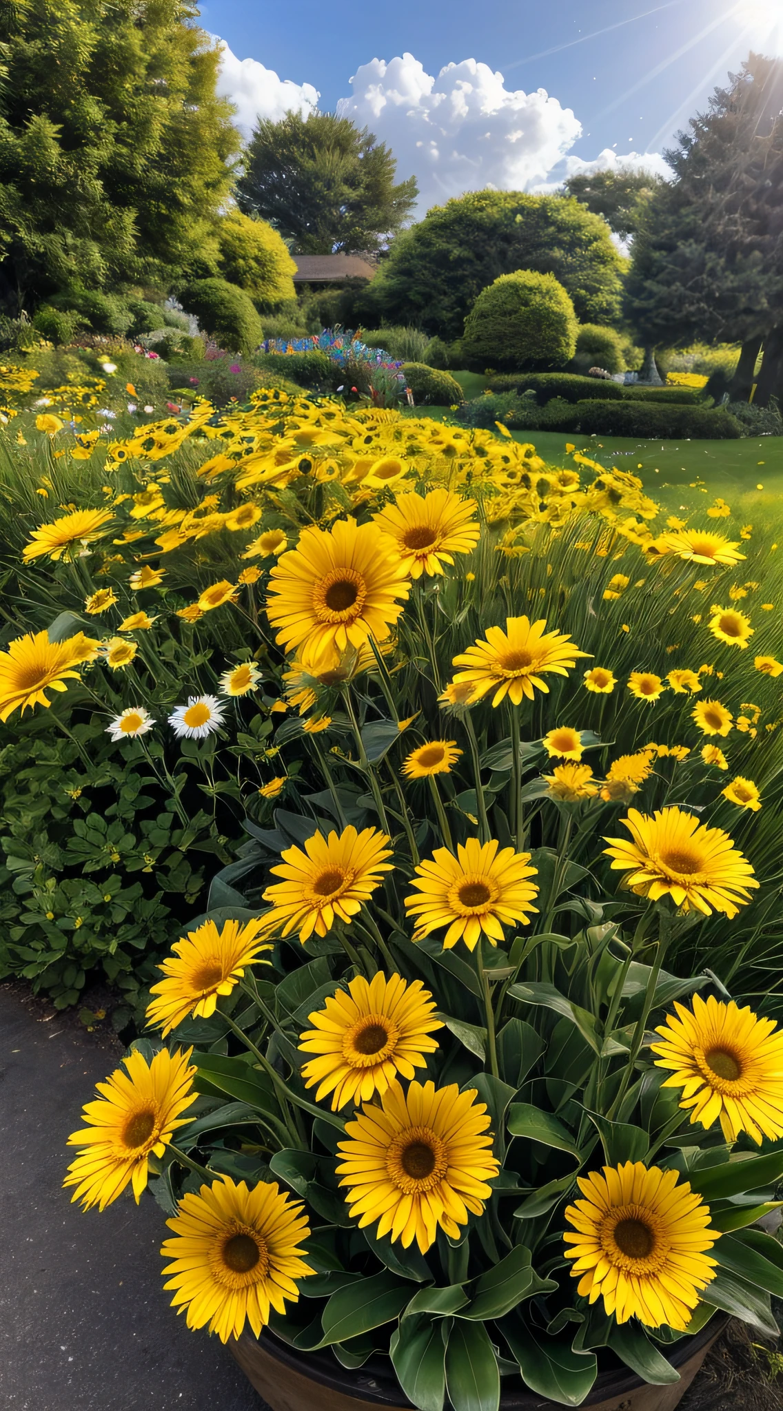 There are many yellow gerberas that grow in the bushes，Cinematic texture，Tano，blossoms，beautiful flowers growing，beautiful aesthetic，Beautiful large flowers，Incredibly beautiful，Soft glow，beautiful  flowers，flowers in full bloom，Many gerberas，lot of flowers