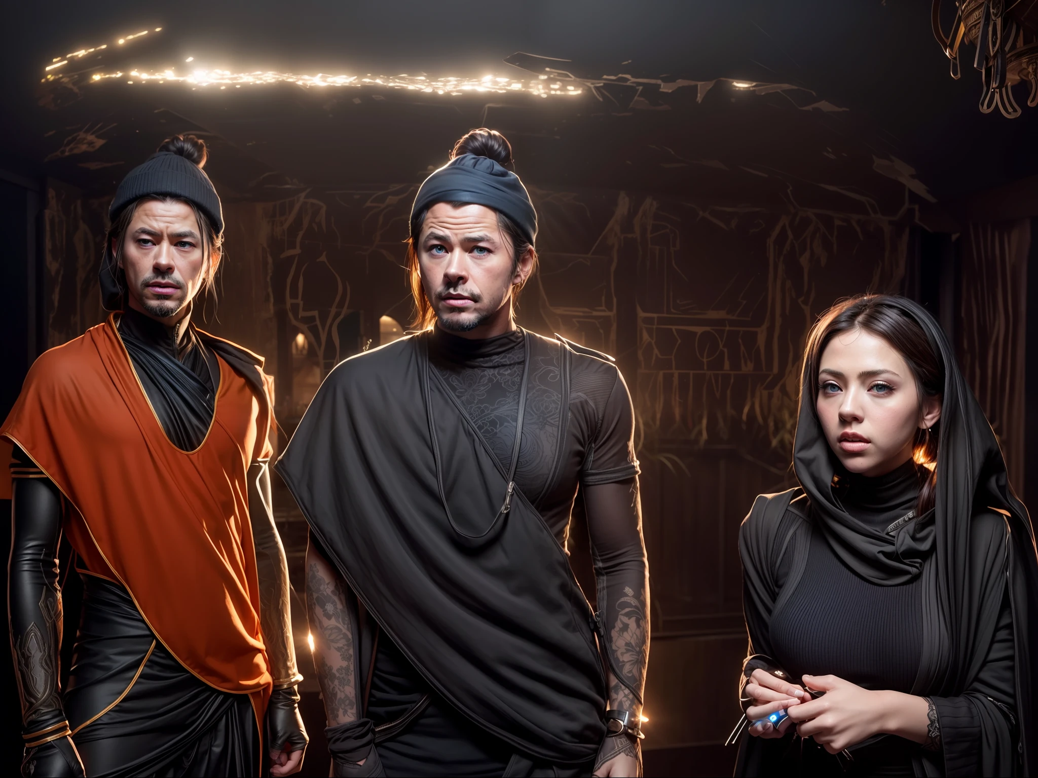 (Chris Hemsworth )in middle , (tony stark ) in left side, (Scarlett Johansson),wearing jedi robe,all robes in orange saffron color, standing outside a cottage , natural lighting, natural backgrounds.clear face,Detailed face, Detailed eyes, detailed fingers, detailed hand, intricate detailed, highly realistic, ray-tracing,photorealistic, cinematic lighting,inspired by ramayana scenes,Cinematic, Photoshoot, Shot on 25mm lens, Depth of Field, Tilt Blur, Shutter Speed 1/1000, F/22, White Balance, 32k, Super-Resolution, Pro Photo RGB, Half rear Lighting, Backlight, Dramatic Lighting, Incandescent, Soft Lighting, Volumetric, Conte-Jour, Global Illumination, Screen Space Global Illumination, Scattering, Shadows, Rough, Shimmering, Lumen Reflections, Screen Space Reflections, Diffraction Grading, Chromatic Aberration, GB Displacement, Scan Lines, Ambient Occlusion, Anti-Aliasing, FKAA, TXAA, RTX, SSAO, OpenGL-Shader’s, Post Processing, Post-Production, Cell Shading, Tone Mapping, CGI, VFX, SFX, insanely detailed and intricate, hyper maximalist, elegant, dynamic pose, photography, volumetric, ultra-detailed, intricate details, super detailed, ambient orange dresses,