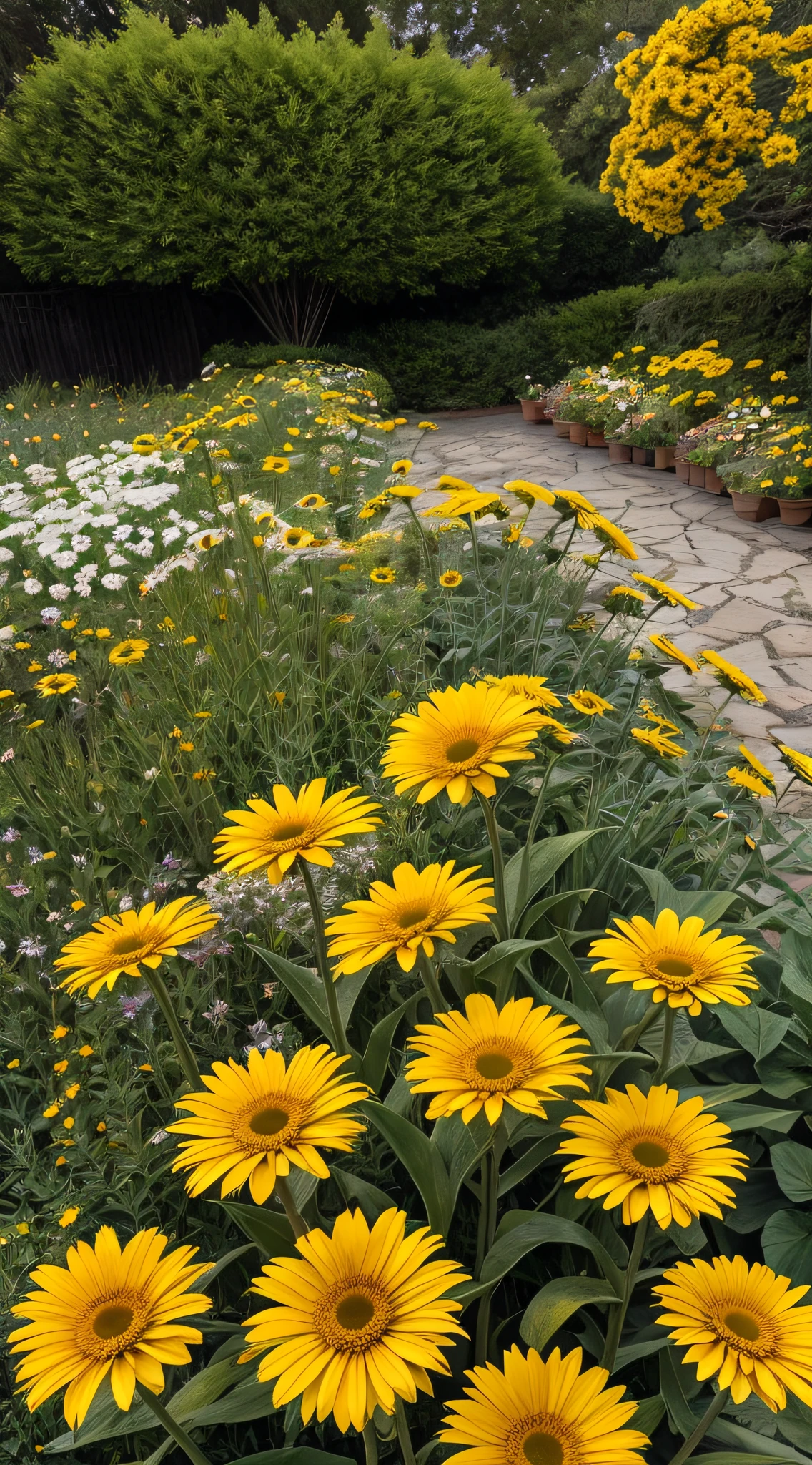 There are many yellow gerberas that grow in the bushes，Cinematic texture，Tano，blossoms，beautiful flowers growing，beautiful aesthetic，Beautiful large flowers，Incredibly beautiful，Soft glow，beautiful  flowers，flowers in full bloom，Many gerberas，lot of flowers