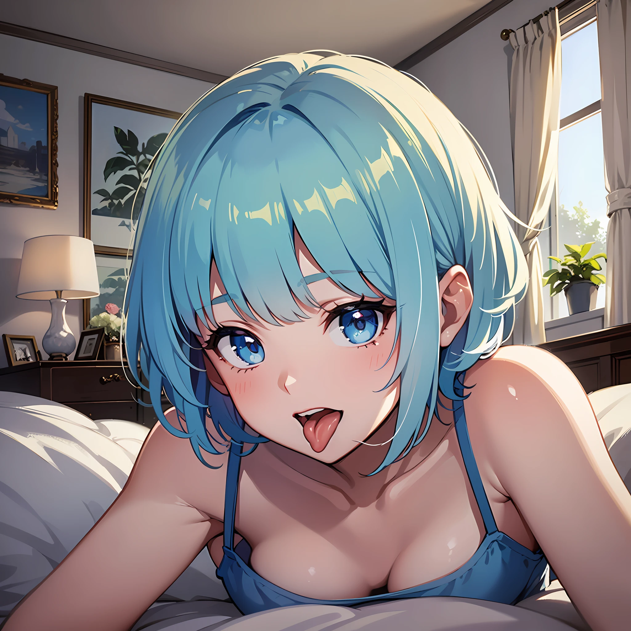 (masterpiece:1.3), (best quality:1.3), high resolution,
couboy shot,
leaning forward, breast squeeze, on bed, body facing forward,
(one cute girl:1.3), solo,
white skin, small Breast, eight-headed person,
light blue hair, (bobbed hair:1.2), (short hair:1.2), (blunt bangs:1.2), beautiful hair, blue eyes, beautiful detailed eyes,
(tongue out:1.3), cheerful smile,
camisole,
indoors, white room, bed,
shadowlighting,