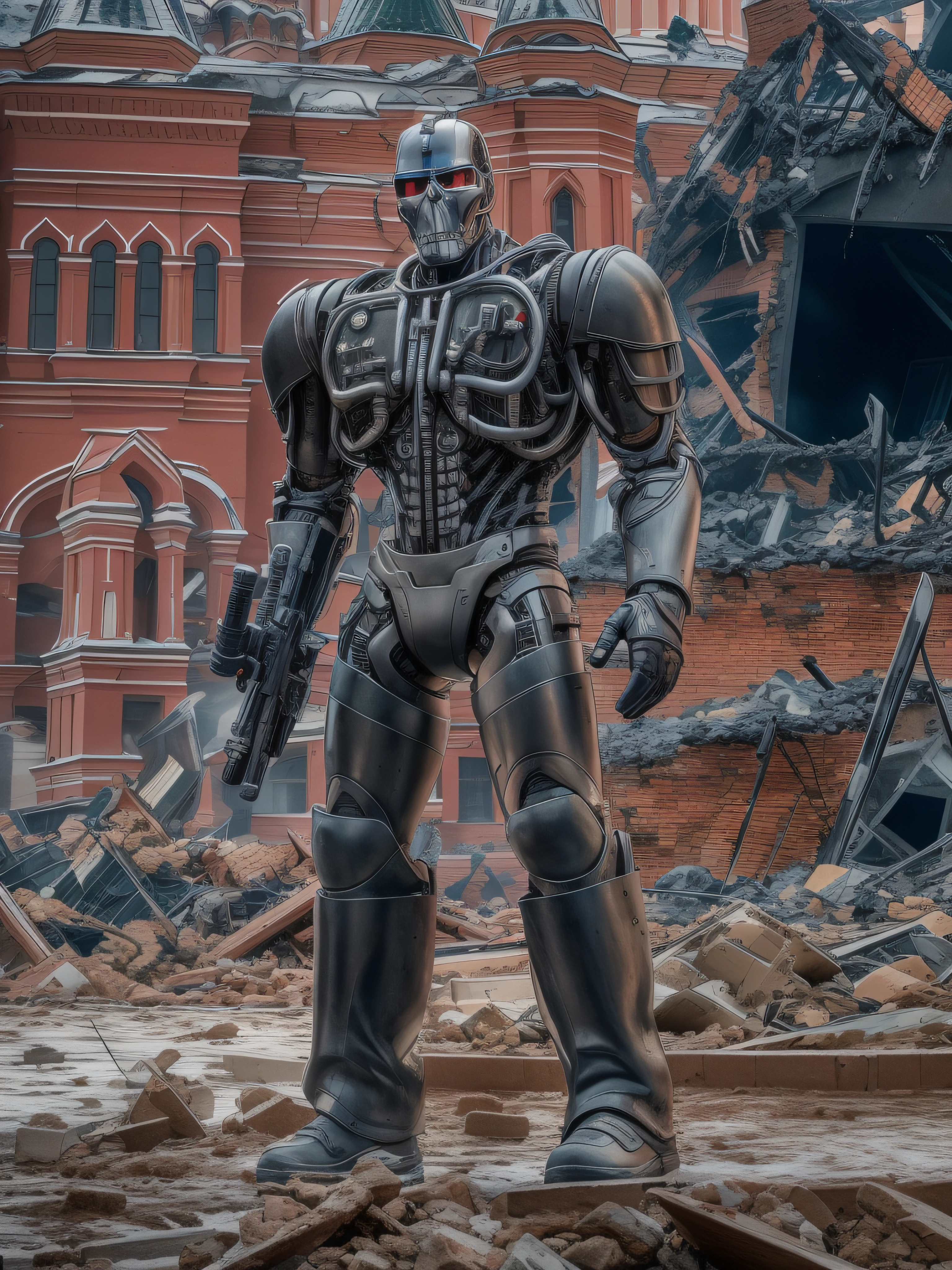 full shot, full water, T-800 terminator stands against the background of the destroyed Kremlin on Red Square in Moscow, realistic chiaroscuro, super high quality, super high detail, clear focus, 32k, super naturalistic, hyper photorealistic