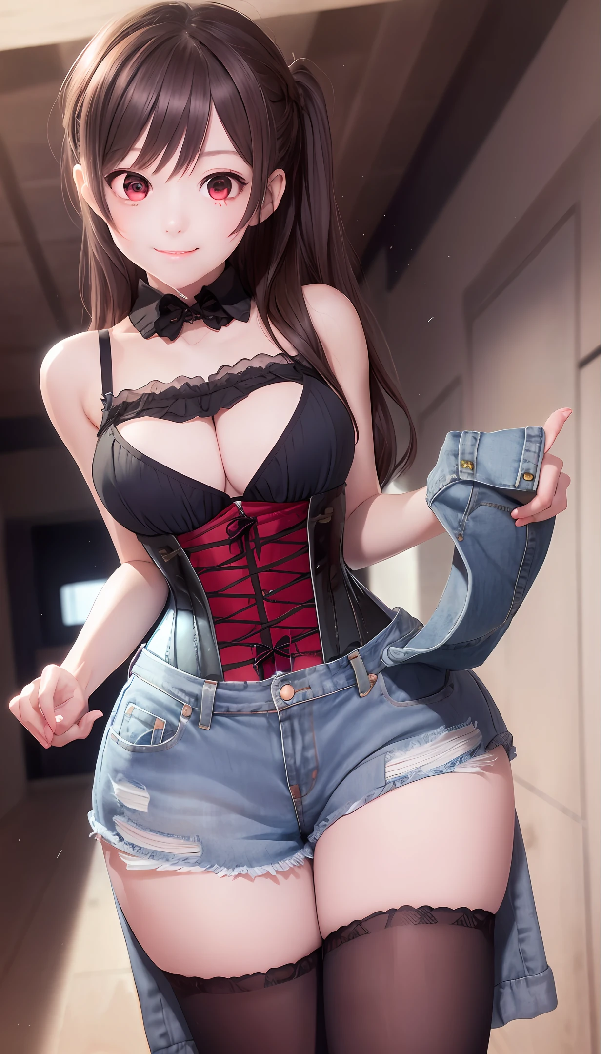 Best quality, Mio_Naruse, 1girll, Corset, Denim_Shorts, Red_Jehhail, Red_Eyes, Sexy expression, fake smile, Seductive, femdom, Girl_On_Top, angle of view, From_Below, The girl at the top of the audience