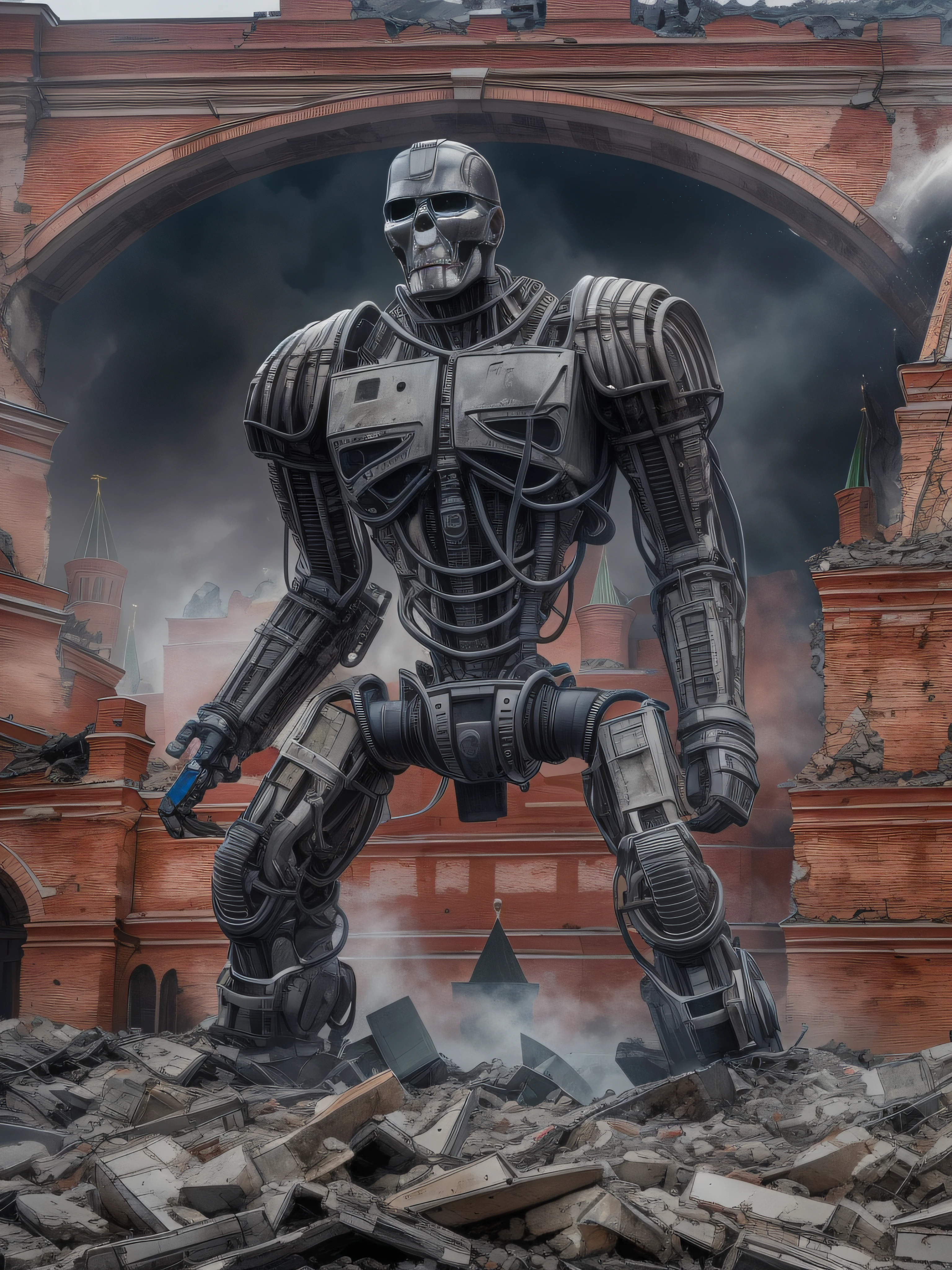 full shot, full water, T-800 terminator stands against the background of the destroyed Kremlin on Red Square in Moscow, realistic chiaroscuro, super high quality, super high detail, clear focus, 32k, super naturalistic, hyper photorealistic