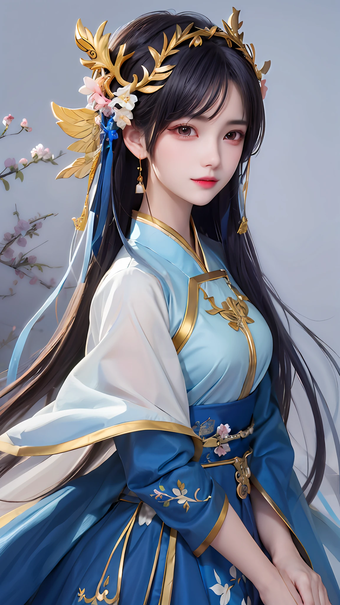 Anime girl wearing blue dress with gold headdress and blue dress, Palace , A girl in Hanfu, Beautiful character painting, full-body xianxia, ((a beautiful fantasy empress)), Inspired by Lan Ying, a beautiful fantasy empress, inspired by Du Qiong, inspired by Li Mei-shu, Guviz-style artwork, Inspired by Qiu Ying