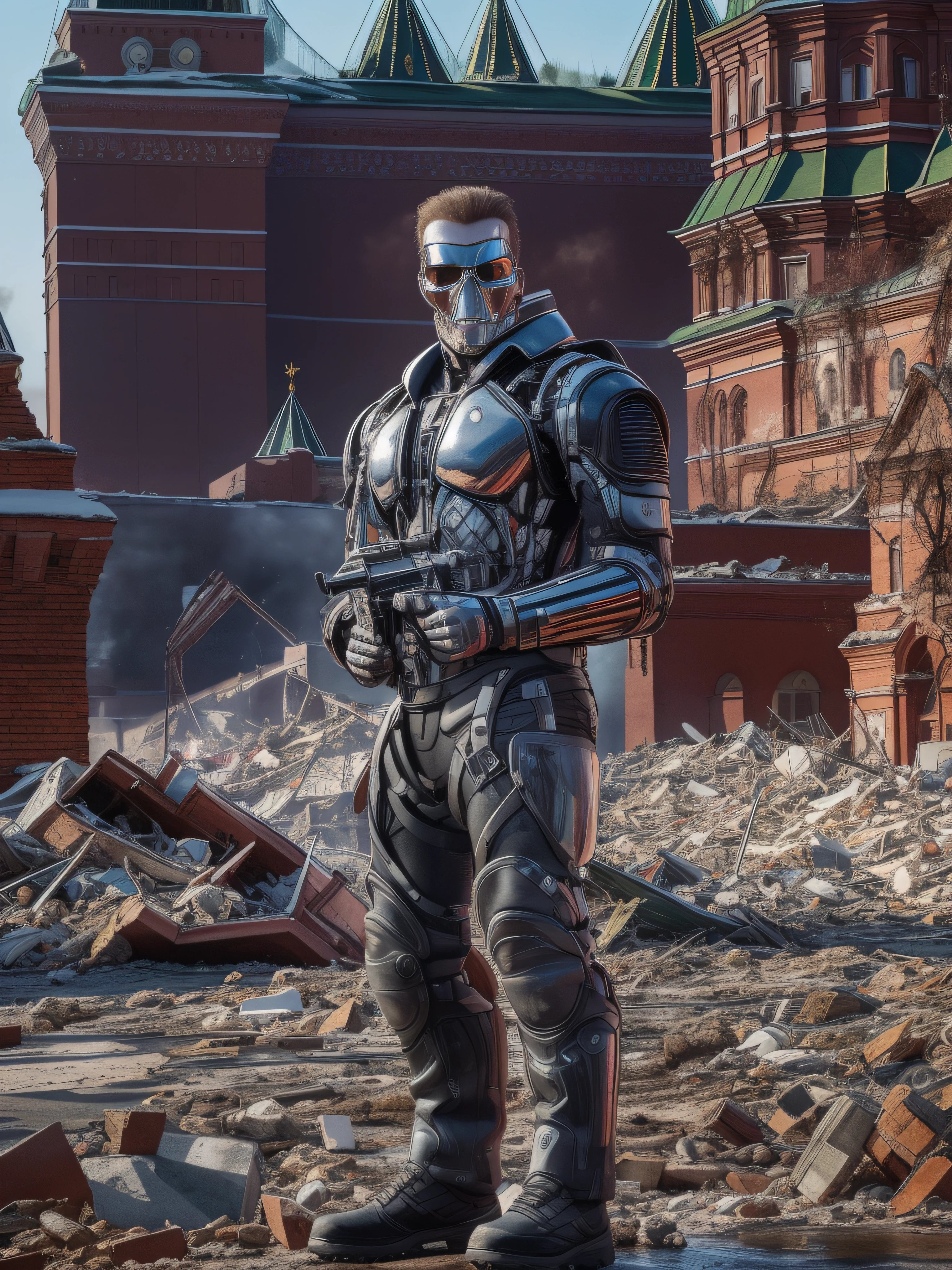 full shot, full water, T-800 terminator stands against the background of the destroyed Kremlin on Red Square in Moscow, realistic chiaroscuro, super high quality, super high detail, clear focus, 32k, super naturalistic, hyper photorealistic
