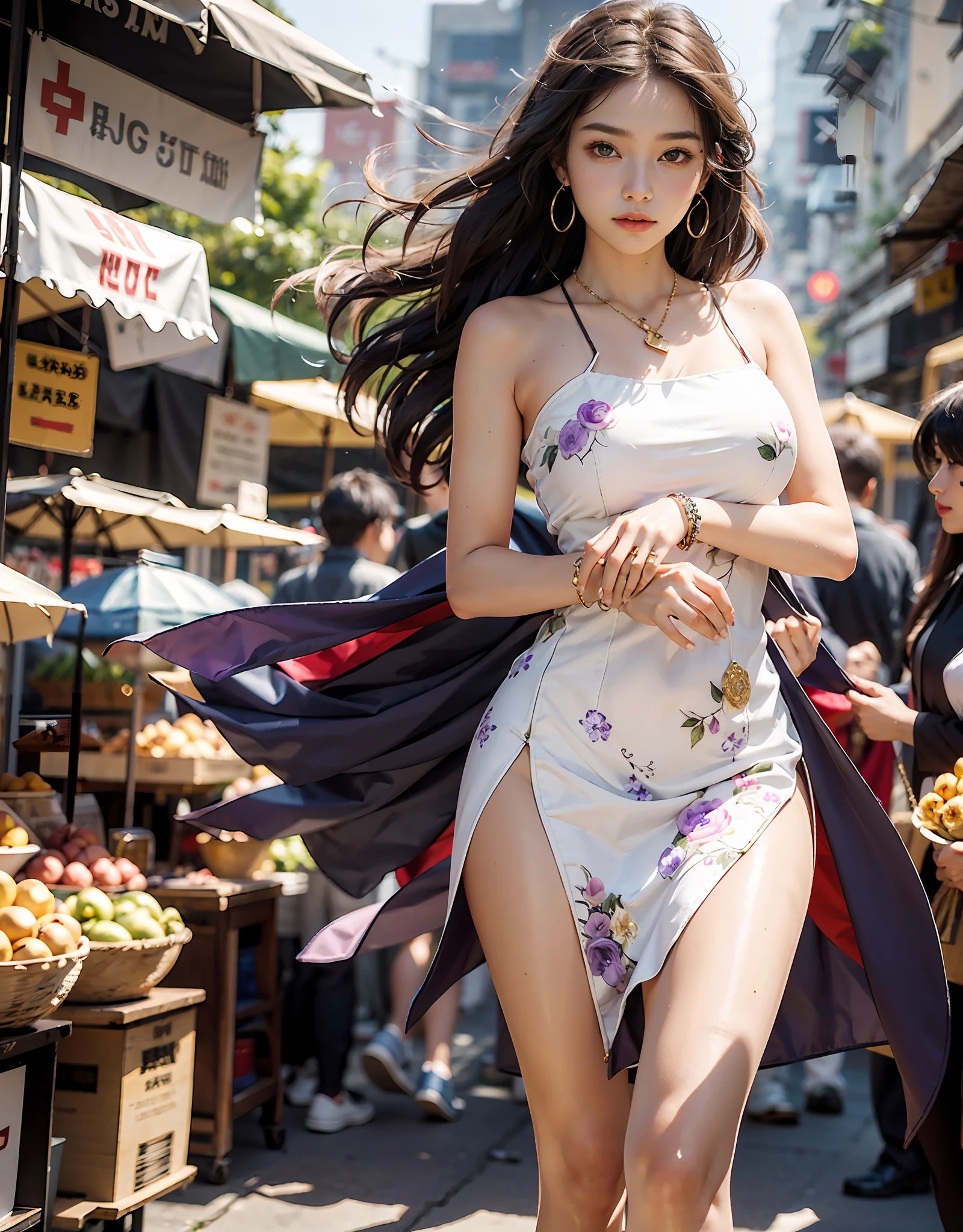 1girl,solo,20-year-old girl, walking in a busy market in Ho Chi Minh City, Wearing a floral AoDai, amethyst earrings, amethyst necklace, gold bracelet, delicate eyes, delicate face, big breasts, shiny skin, perfect body, perfect hands, perfect feet, the best masterpiece, masterwork, ultra-realistic photos of people, high-quality, high-quality, HDR, ultra-high resolution drawing,