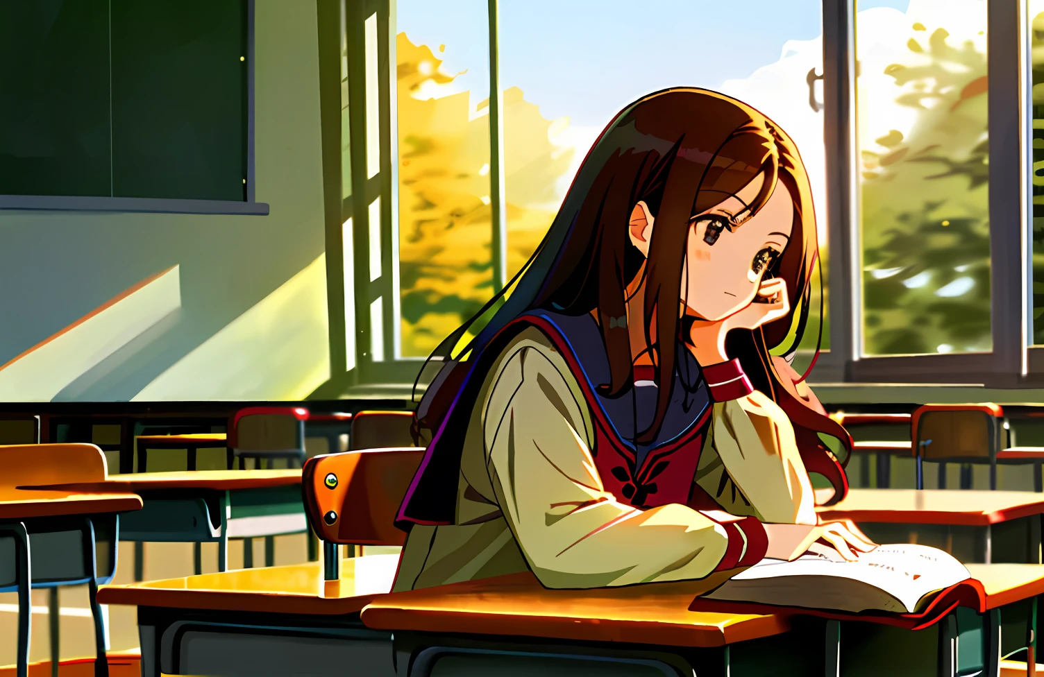 （tmasterpiece，best qualtiy），1 long brunette girl sitting in sunny classroom，her hand under her chin，warmly lit，校服，A bead in one hand