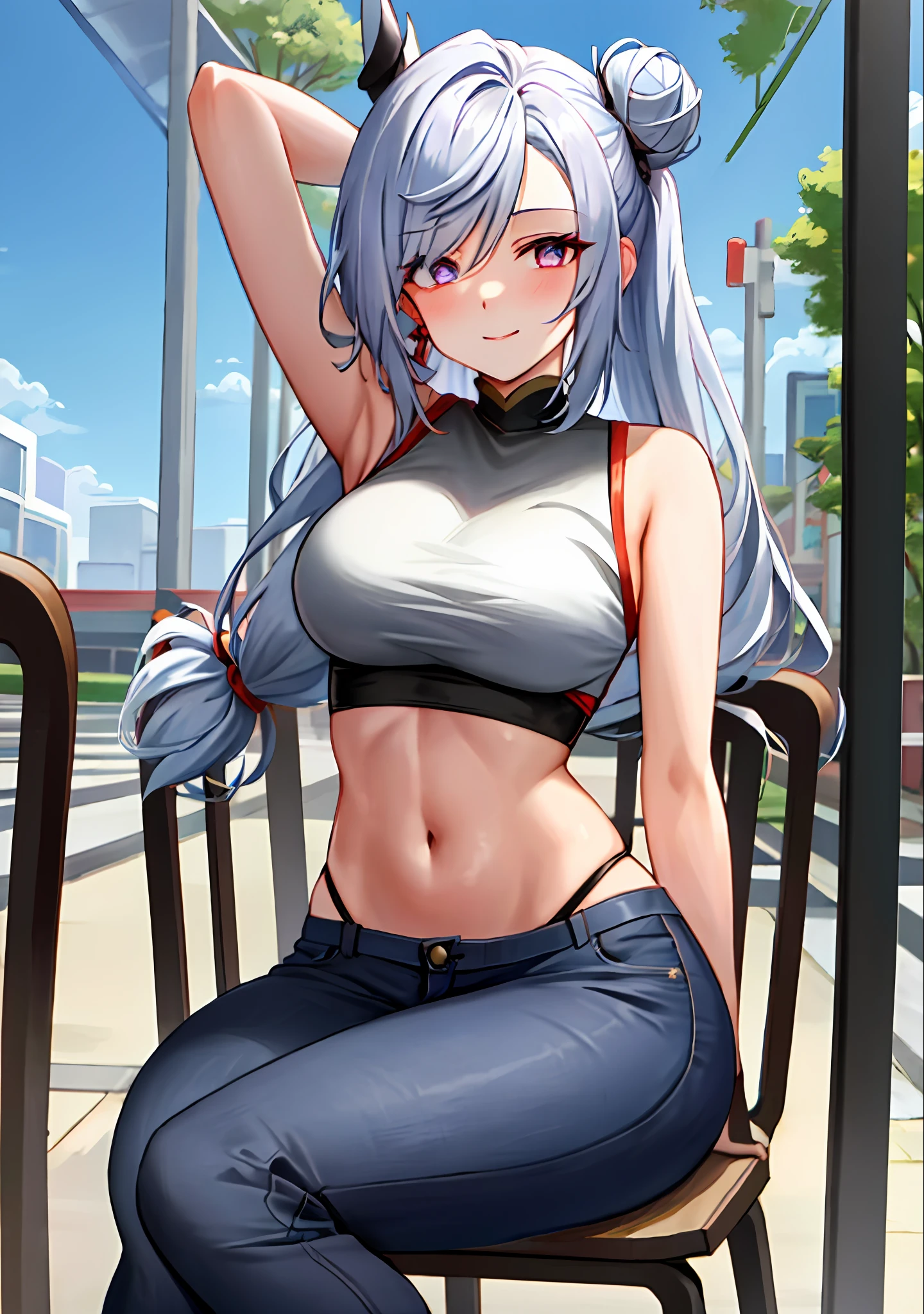 (masterpiece, best quality, ultra-detailed), keqing \(genshin impact\), (silver hair), cone hair bun, twin tails, long hair, swept bangs, braid, braided bangs, purple eyes, pink eyes,
(wearing a t-shirt:1.2), sitting on a chair outside of caf, embracing the natural beauty, sunlight, beautiful cloudy sky, city, street, denim shorts, black stocking,
medium breasts, thick thighs, critical angle, cowboy shot, arm behind head, arm behind back, armpits, light smile, crop top, strong and seductive expressions,,