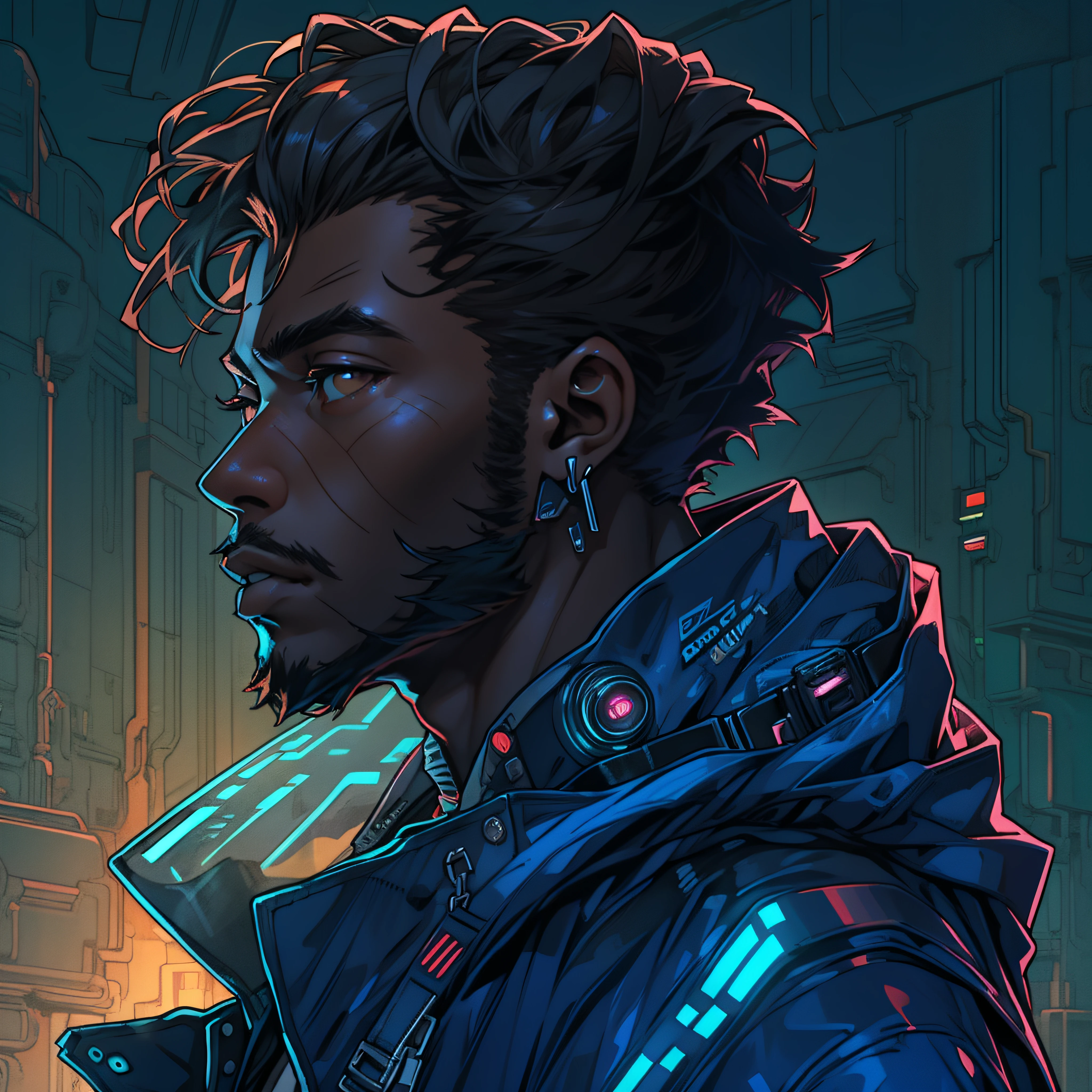 masterpiece, high quality, African man, solo, black male focus, brown eyes, brown hair, blacklight, from above, cyberpunk, blue jacket.