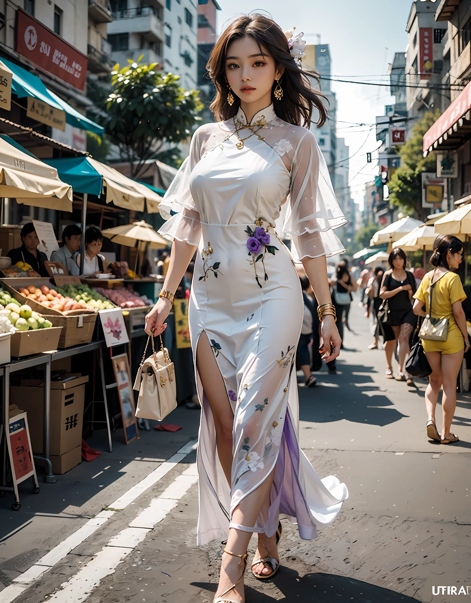 1girl,solo,20-year-old girl, walking in a busy market in Ho Chi Minh City, Wearing a floral AoDai, amethyst earrings, amethyst necklace, gold bracelet, delicate eyes, delicate face, big breasts, shiny skin, perfect body, perfect hands, perfect feet, the best masterpiece, masterwork, ultra-realistic photos of people, high-quality, high-quality, HDR, ultra-high resolution drawing,