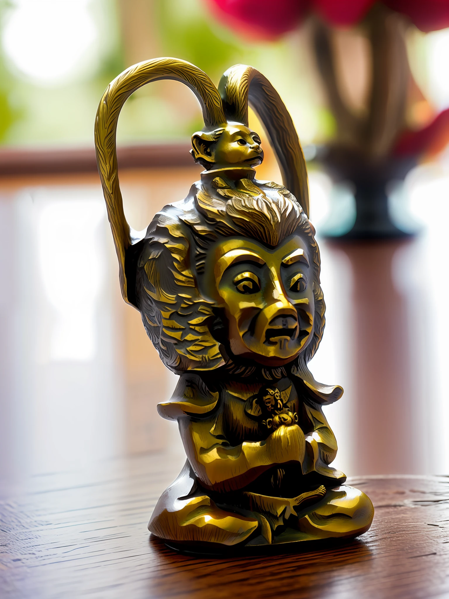 There is a small statuette of a monkey on the table, tiny statue on display, close up shot of an amulet, closeup - view, hotei is on the table, Made of wax and metal, closeup view, taken with a Sony A7R camera, made of bronze, Small stature, Antique pieces, close - up on detailed