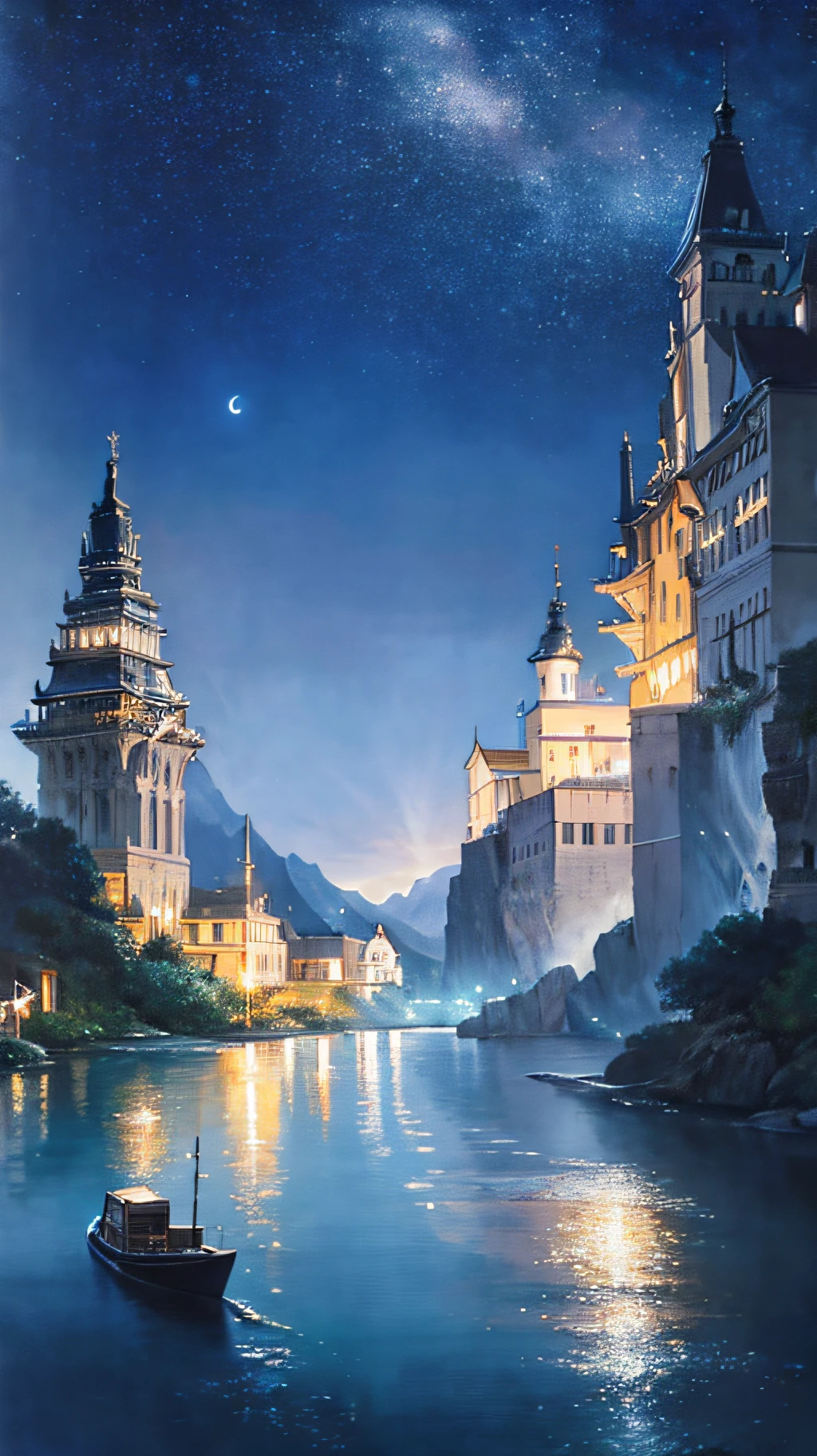 A painting of a river with stars and moon in the sky，The concept art was inspired by Tosa Mitsuoki，Pixiv competition winner，best qualtiy，Fantasyart，beautiful anime scenes，，Starry sky environment in moonlight，Dream painting，Anime background art，dream scenery art，Fantastic night, anime backgrounds, background artwork, dreamlike art, Atmospheric anime, starrysky，Detail enhancement。Mountains in the distance，Ethereal mood，Realistis，photorealestic