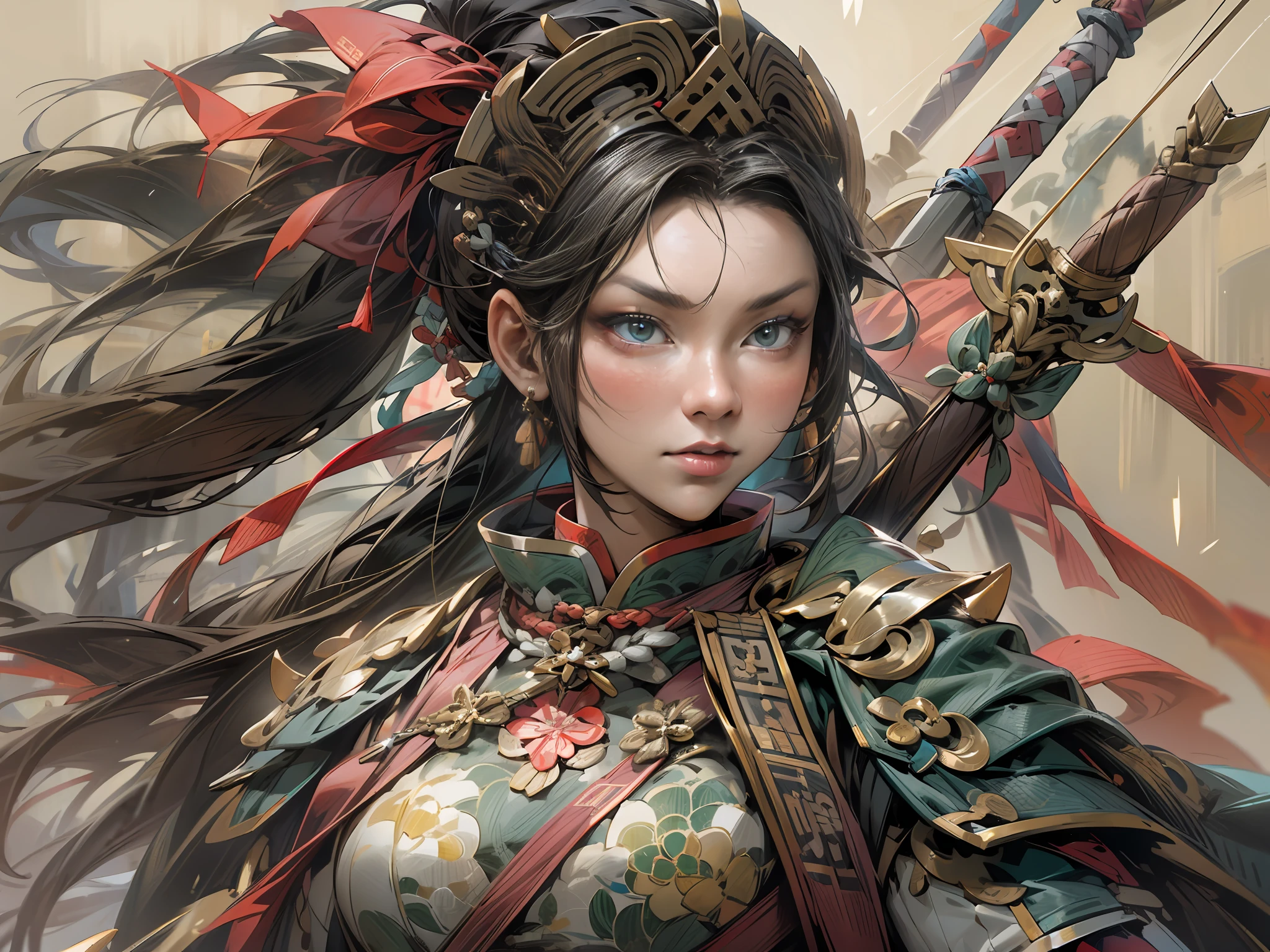 Female military commander of the Three Kingdoms, cool woman, dignified eyes full of determination, spear in hand Carrying a large bow and arrow on her back, cowboy shot, ancient Chinese dress integrated with armor
