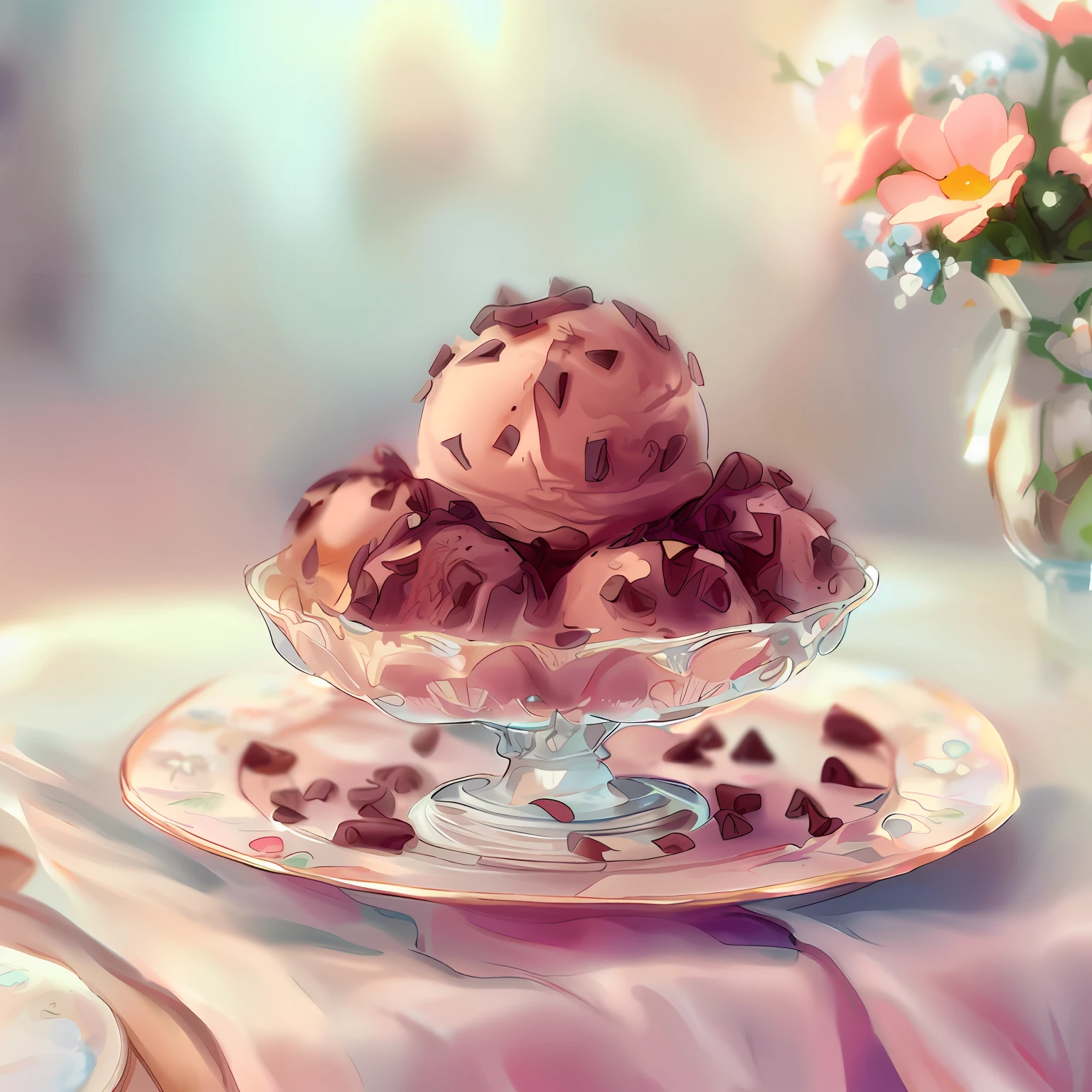 There is a bowl of chocolate ice cream on the plate, adorable digital painting, There are flowers in a vase in the background, Amazing food illustration, Gorgeous digital painting, Beautiful digital painting, Super realistic food picture, Soft digital painting, Ice cream, Blurry and dreamy illustration, Glossy digital painting, fragile. digital painting, painting illustration, Marie Bashkirtseva, Pretty detailed digital art