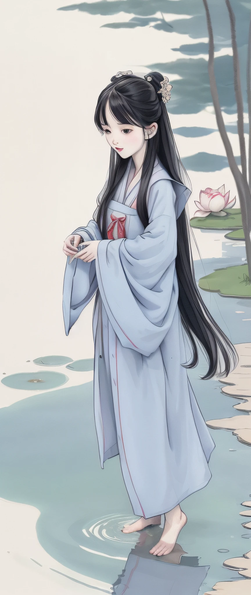 ((4k,masterpiece,best quality)), shuimobysim, traditional chinese ink painting, lotus, hanfu, maxiskit, dress conservatively 1girl, solo, long blue hair, smile, standing, feet in the water, barefoot,