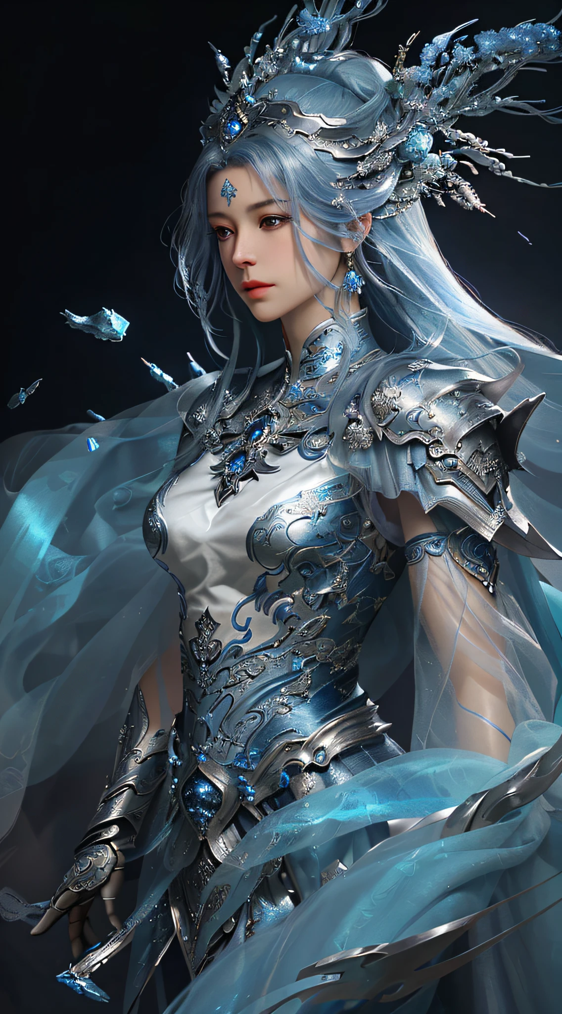 a close up of a woman in a silver and blue dress, chengwei pan on artstation, by Yang J, detailed fantasy art, stunning character art, fanart best artstation, epic exquisite character art, beautiful armor, extremely detailed artgerm, detailed digital anime art, artgerm on artstation pixiv, armor girl