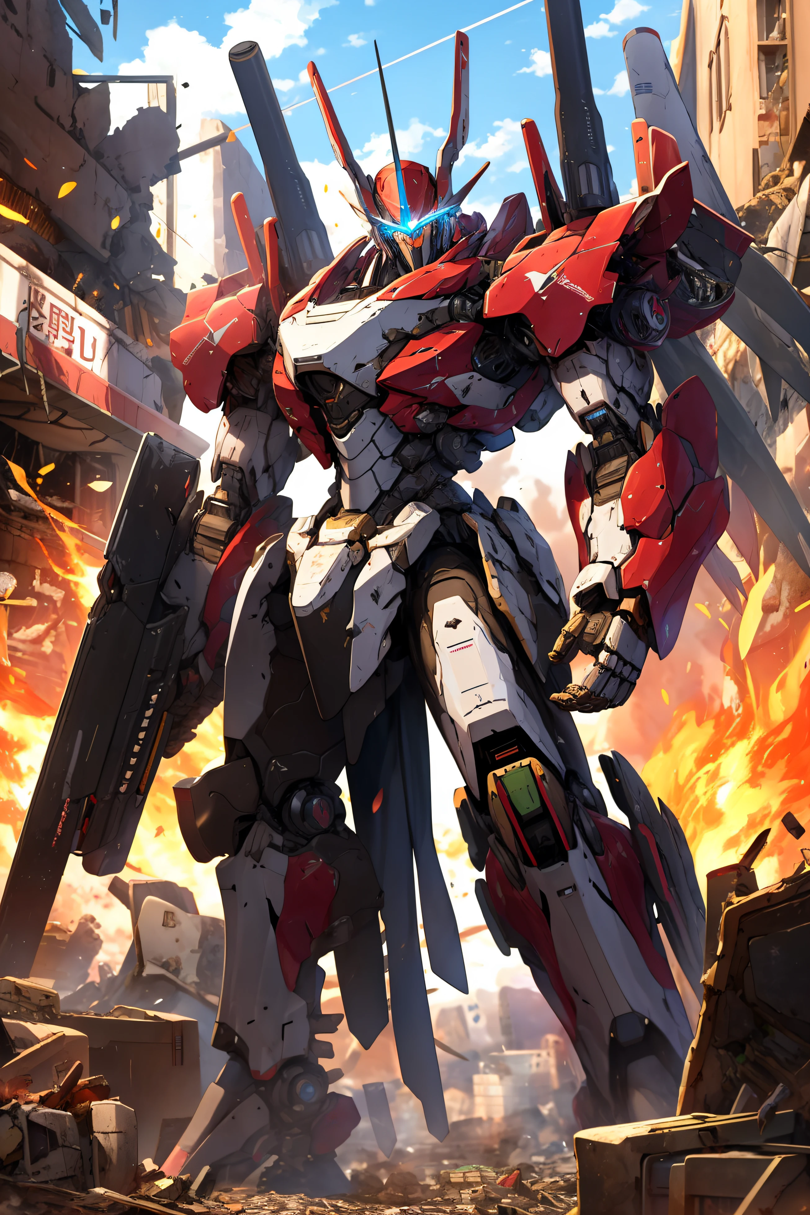 masterpiece, best quality, mecha, no humans, black armor, blue eyes, science fiction,  fire, laser canon beam, war, conflict, destroyed city background