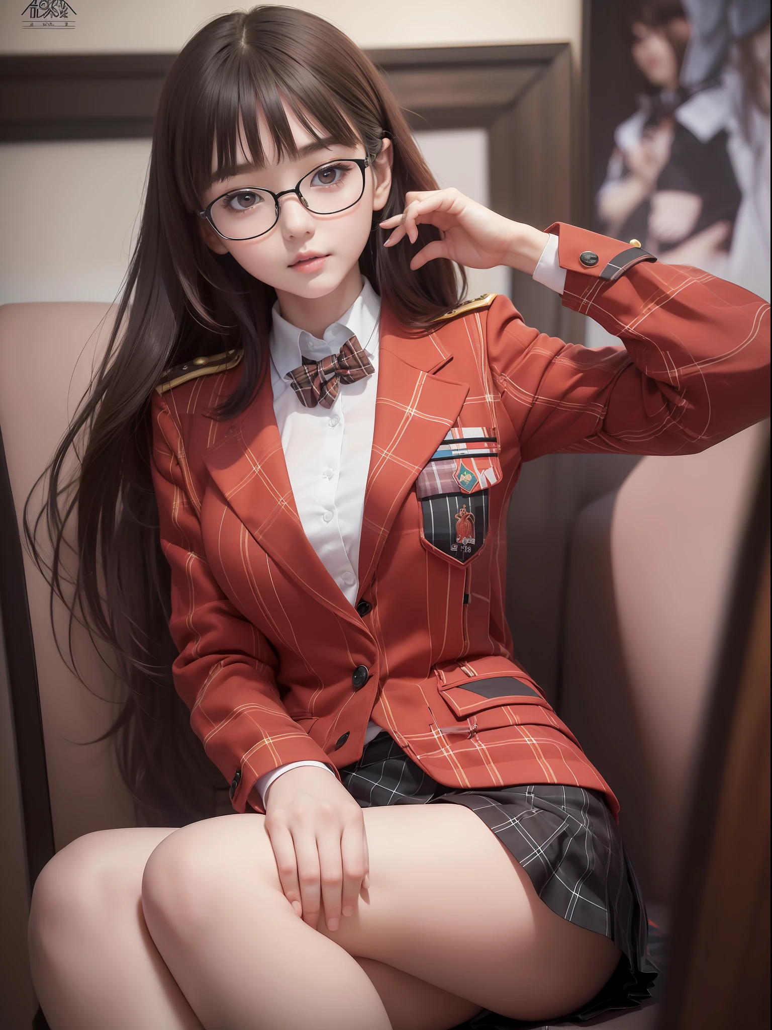 masuter piece, best qualtiy, (((realisitic, Photorealsitic:1.37))), ((独奏)), 8K image quality, Extremely delicate and beautiful, splendid, Official art with attention to detail, Ridiculous, Unbelievably ridiculous, huge filesize, ultra-detailliert, ighly detailed, (Petite and cute girl), (detailed girl), extremely detailed eye and face, Beautiful detailed eyes, Light makeup,, (Perfect female figure), (Korean beauty), ((fullllbody)), ((Put the head in the frame)), Brown hair, With bangs, (Cute little glasses), ((pupils on)), ((Dark red blazer on uniform), ((Miniskirt with tartan check)), (Sitting), ((open one's legs)),