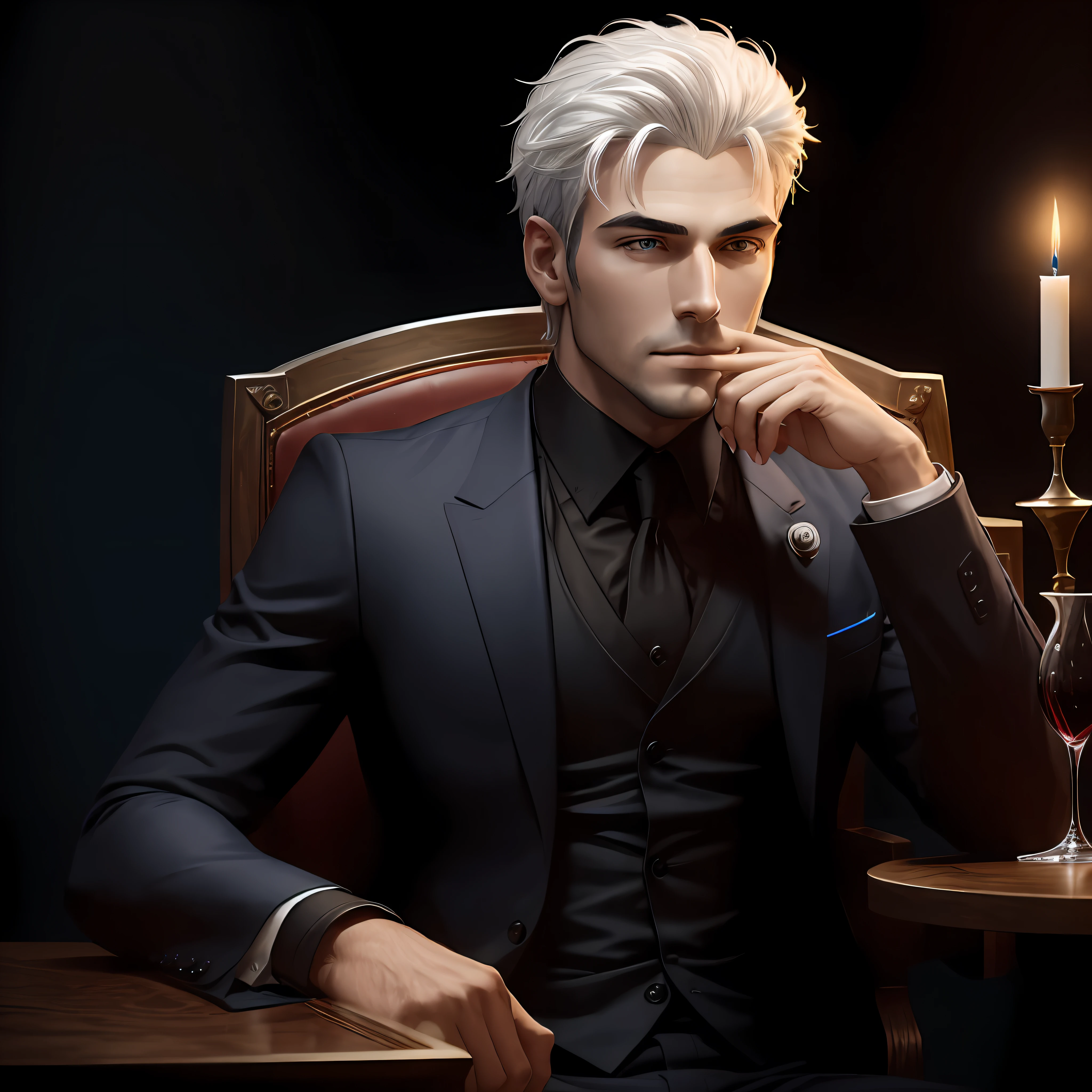 Men's facial features, three-dimensional European, suit, seated chair, candle, small square table, background blurred black, elegant, Erlang legs, body slightly reclined, silver-white hair, movie quality, ultra high definition, slight smile at the corners of the mouth, side view, right hand holding wine glass, close to the mouth, deep eyes, blue --auto